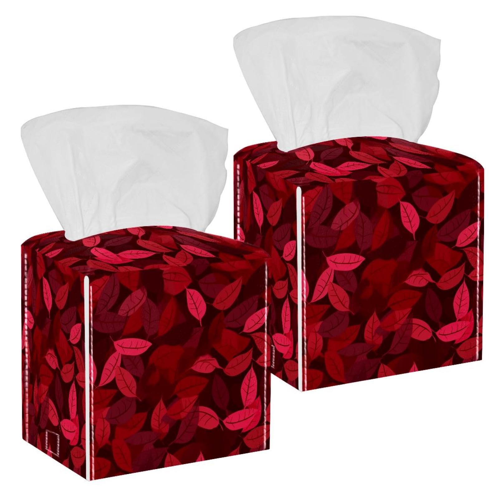 Artistic Leaves Tissue Box Cover, 2 Pack PU Leather Square Facial Tissue Dispenser Box holder for Home Office Car
