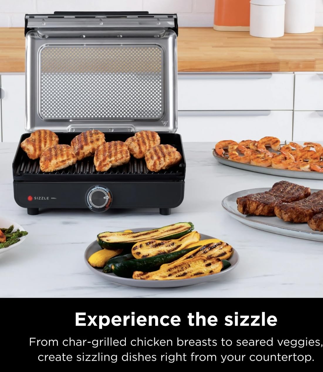 Ninja Sizzle Indoor Grill, 500°F High Heat Kitchen Grill with Nonstick 14 Inch Plate, Low-Smoke Technology, Edge-to-Edge Heating, Family-Sized Capacity, Countertop Cooking Tool (GR100)