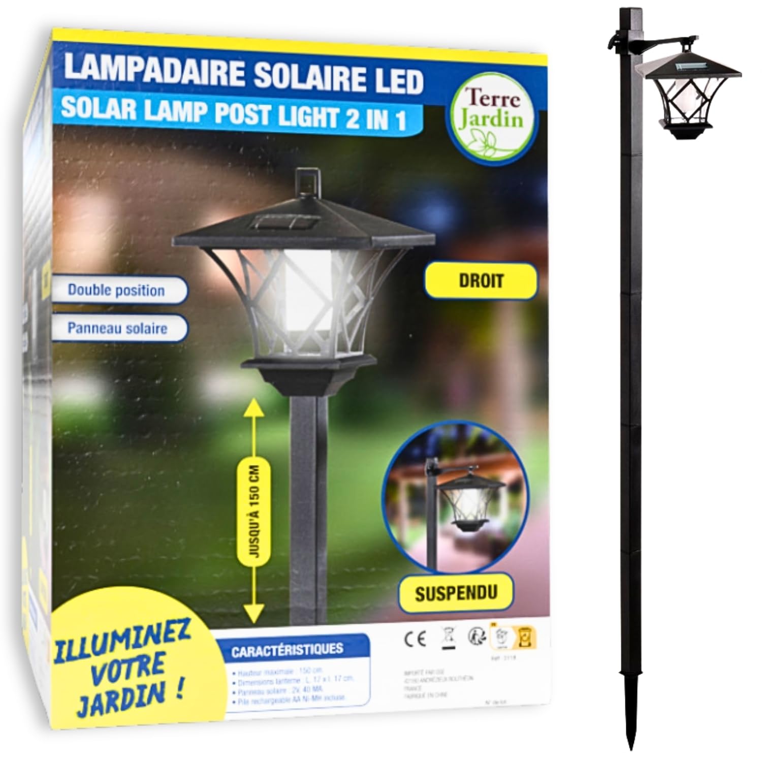 TERRE JARDIN - Lampadaire Solaire Exterieur, Noir 1,5 m - Lampe sur Pied Exterieur, LED 5 Lumens 0,03 W - Luminaire Extérieur LED, 2 Postions et 2 Niveaux - Lampadaire sur pied, Lanterne Classique