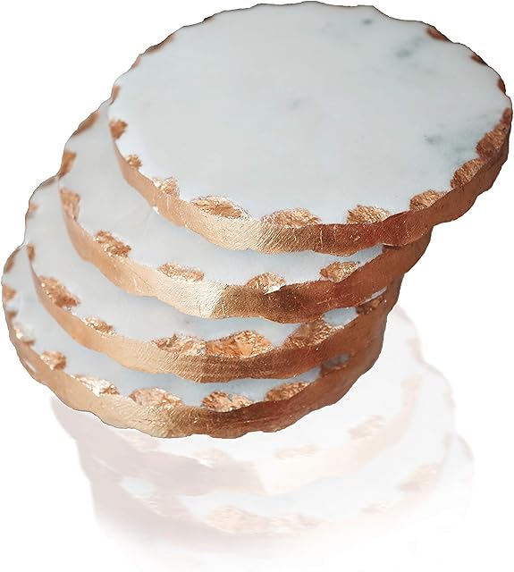 Nikita By Niki White with Grey Marble Coasters - Rose Gold, Silver or Gold Coasters with Metallic Leaf Edge - Neutral Home Drinks Coaster for Living Room or Kitchen - Set of 4 - Gift Box (Rose Gold)