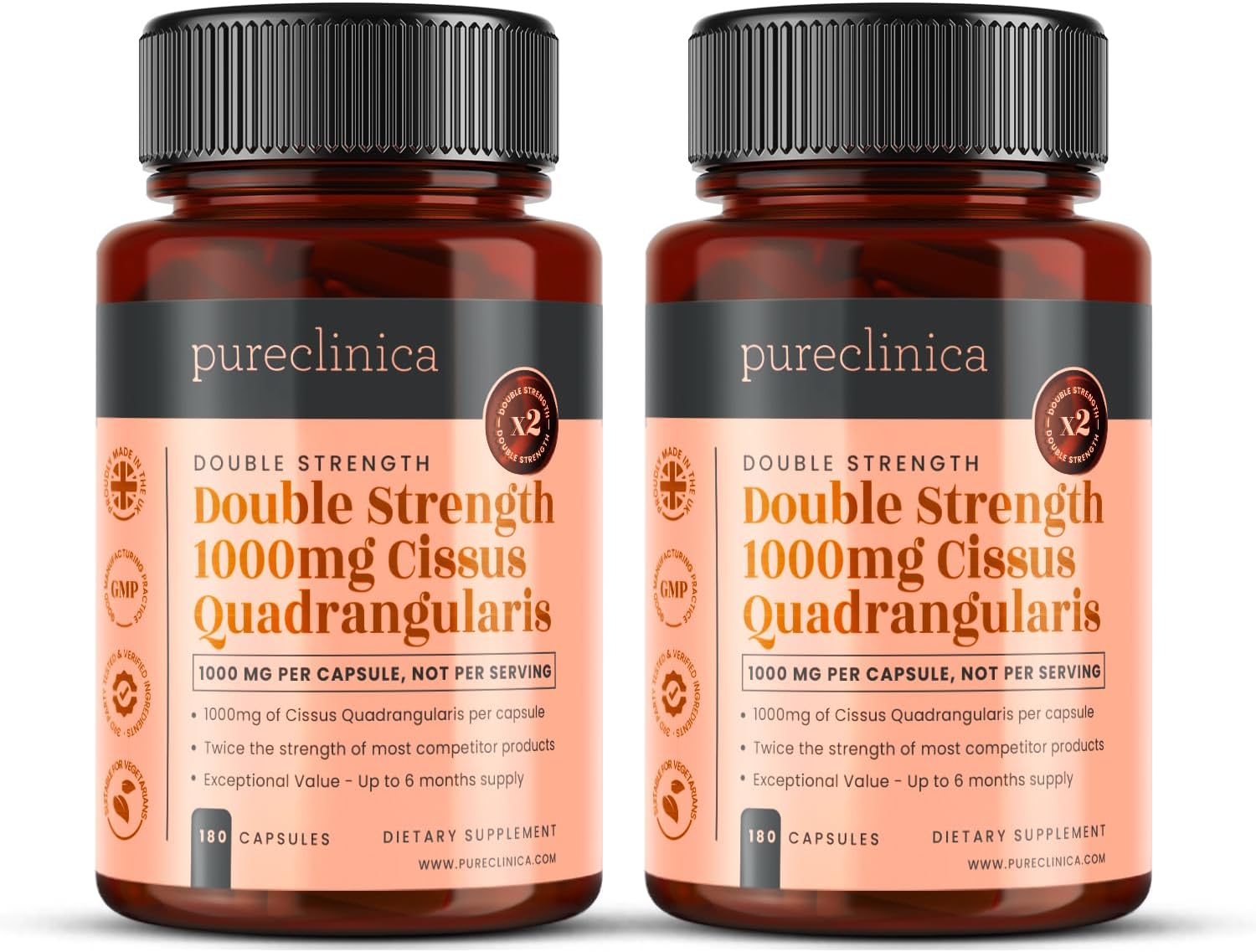 Double Strength Cissus Quadrangularis 1000mg x 360 Veggie Capsules (2 Bottles of 180 Caps) - 1 Years Supply!