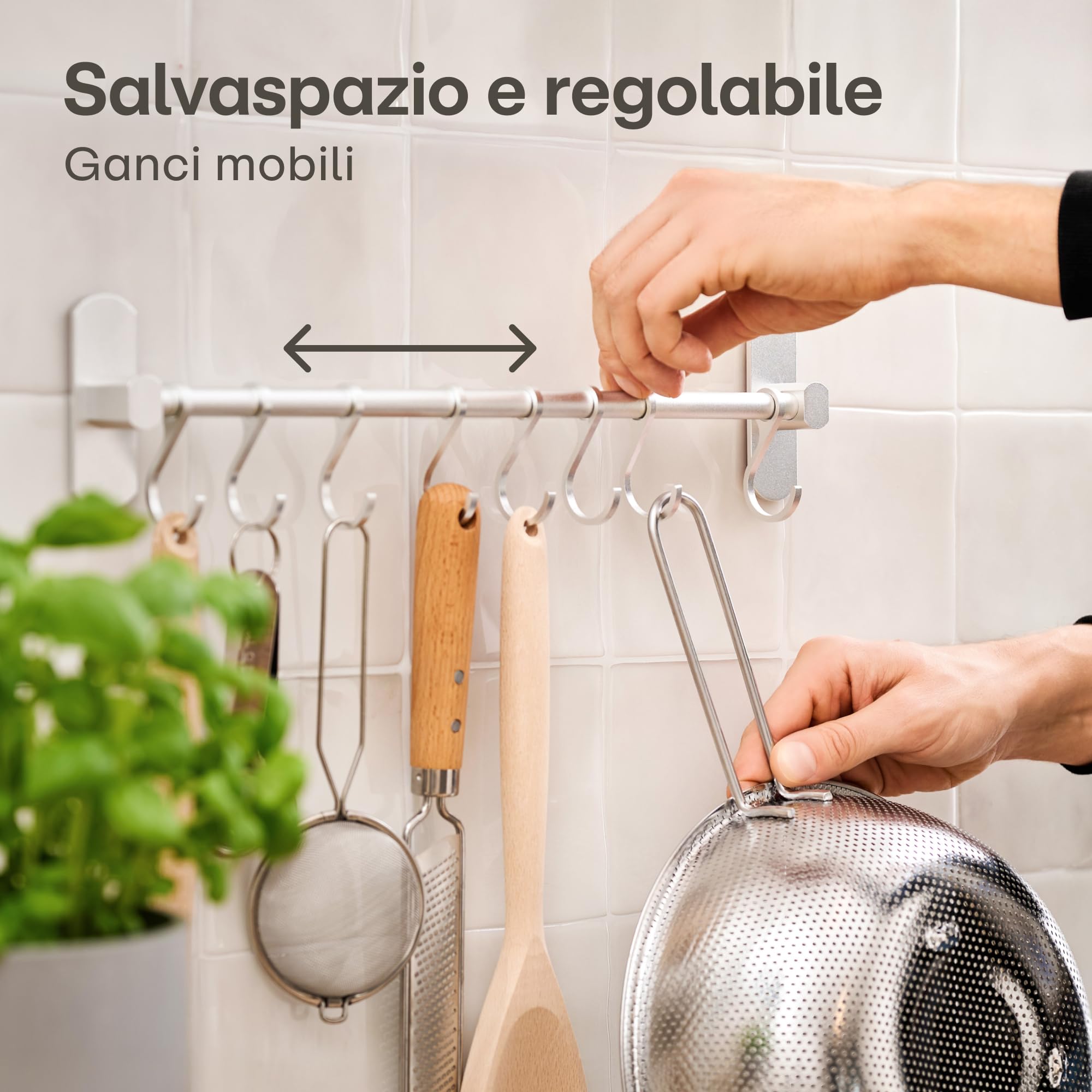 Praknu Barra Portautensili da Cucina Adesiva – 8 Ganci Regolabili - Installazione Senza Buchi - 40 cm – Supporto in Alluminio per Utensili da Cucina