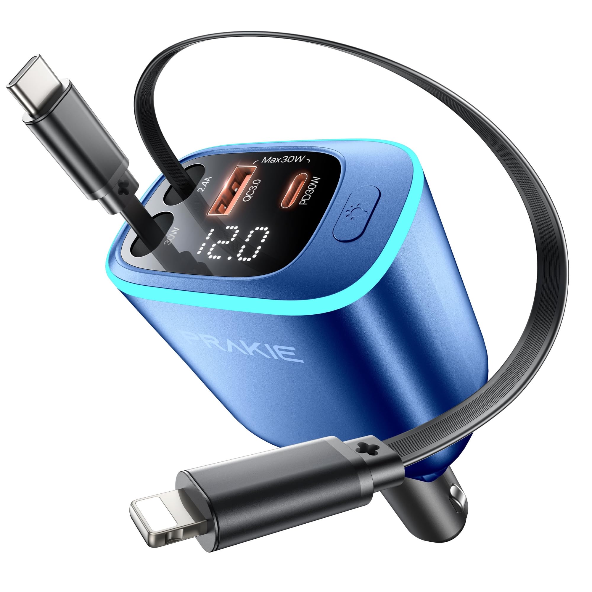 Caricabatteria da auto per iPhone, caricatore rapido retrattile USB C, adattatore per accendisigari 4 in 1 con 2 cavi da 25 pollici e 2 porte USB, ricarica USB per auto multi porta per iPhone 17/16/15