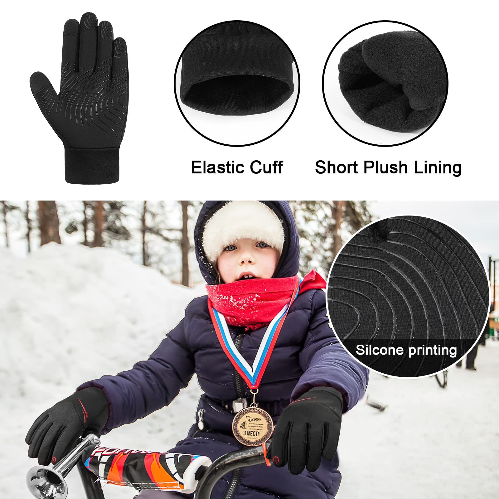 Gants de Cyclisme pour Sports d'hiver pour Enfants, Doublure en Polaire Chaud Gants d'écran Tactile,Coupe-Vent Imperméable Antidérapant Gants de Course Vélo Ski,pour Garçons Filles 4-12 Ans