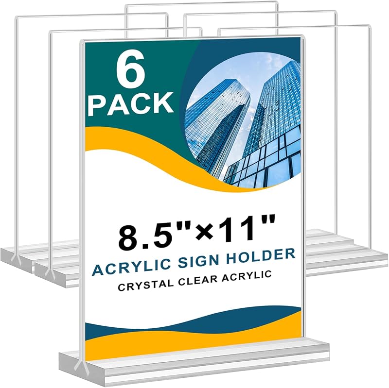 Acrylic Sign Holder 8.5 x 11, Double Sided Clear Acrylic Display Table Signs Stand, T Shape Flyer Holder Plastic for Picture Paper Frame Holder Home Office Menu Retail Show Fair, 6 Pack