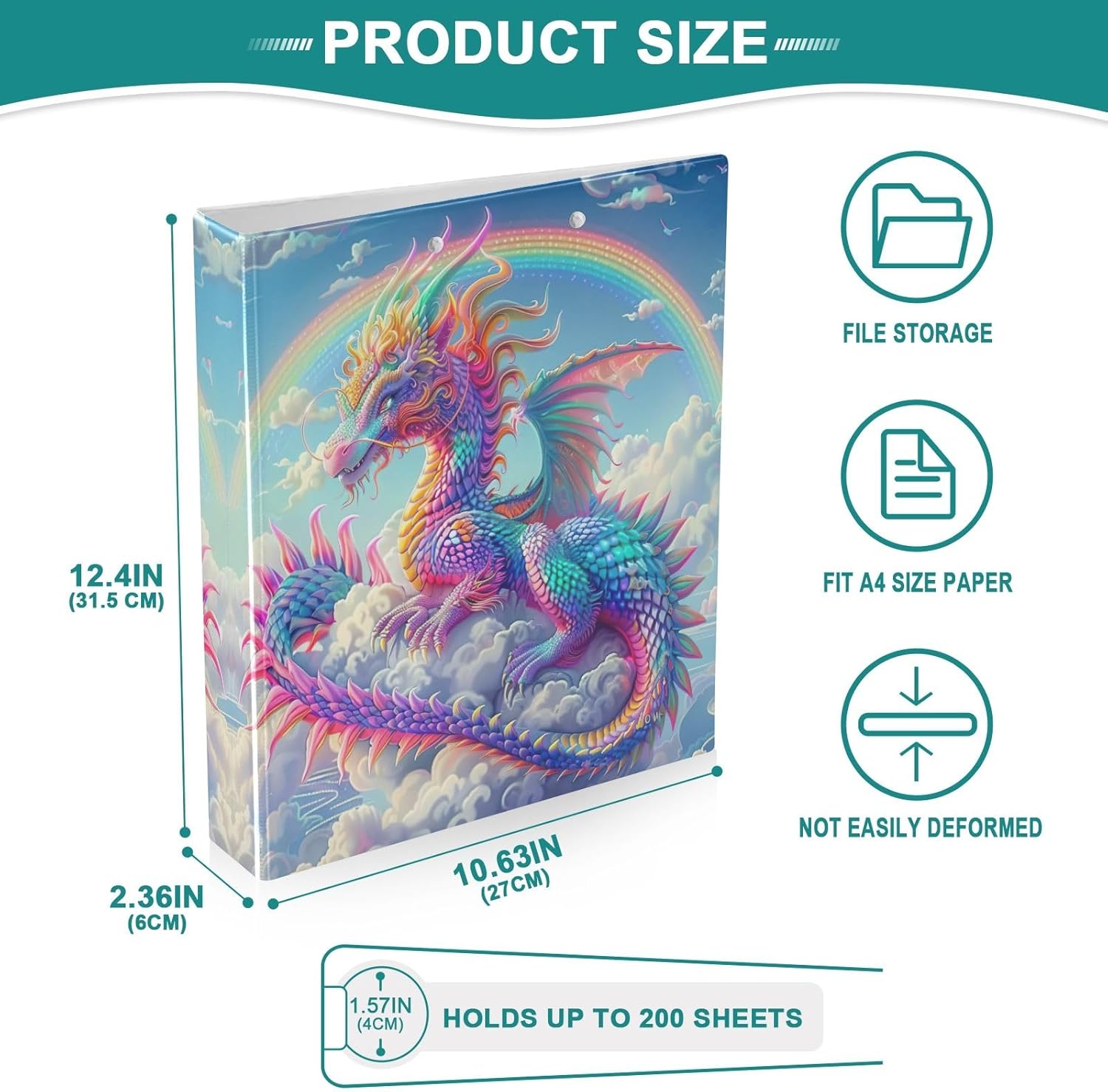 Rainbow Dragon with Cloud 3 Rings Binders 1-1/2 Inch Decorative Cute Binder with Anti-Slip Metal Clip Versatile Binders for School Office Supplies, 1 Pack