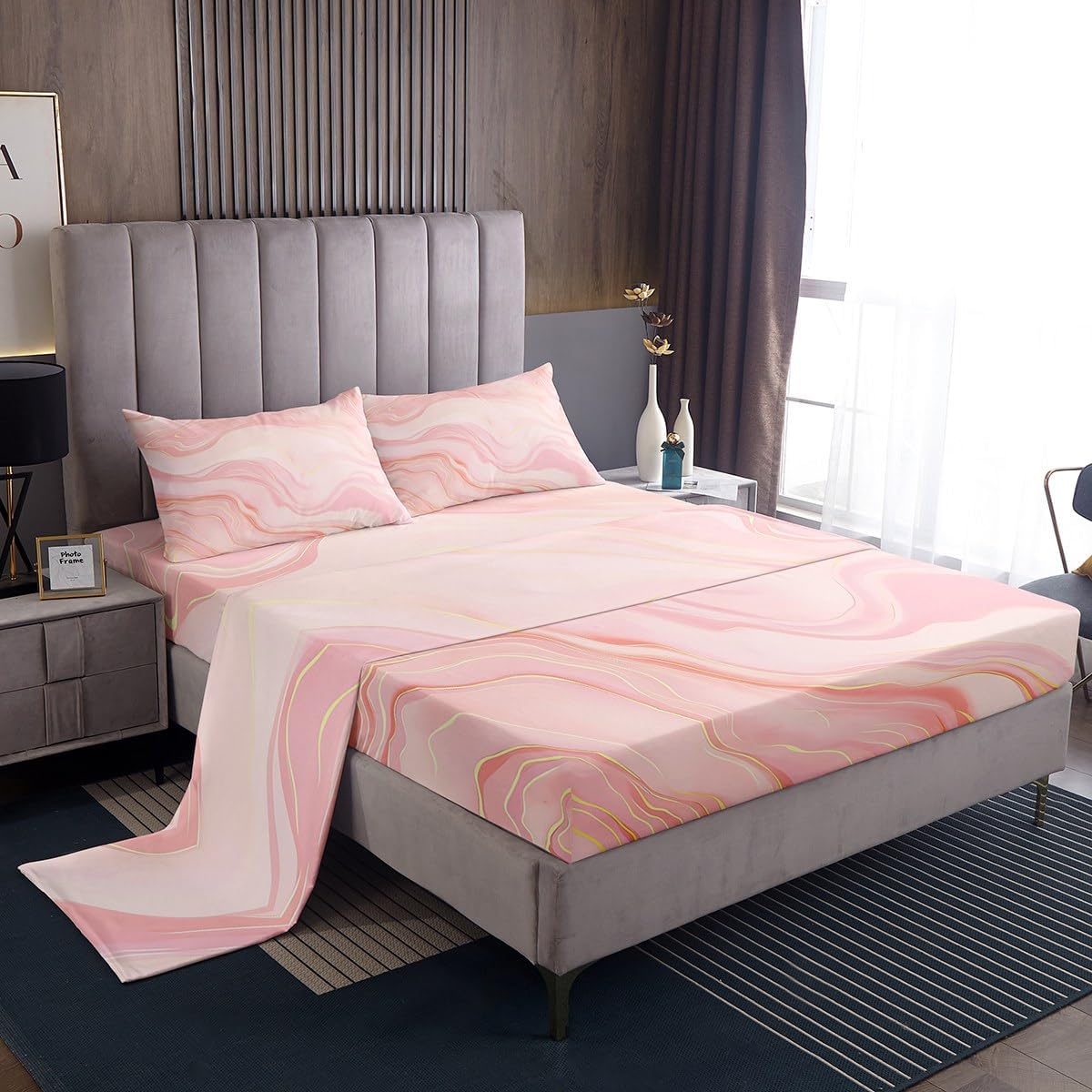jejeloiu Baby Pink Gold Marble Bed Sheets Set Twin Size Kids Abstract Geometric Sheet Set Modern Art Bedding Breathable Soft Lightweight Microfiber 16 Inch Deep Pocket 3 Piece Room Decor