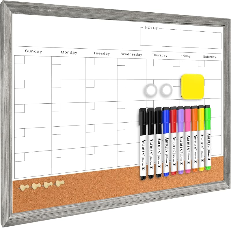 Pizarra blanca con calendario de borrado en seco para pared, pizarra magnética, 17 "x 13" | Tablero para colgar, tablero blanco con marco de madera gris y tablero de corcho combinado, tablón de anuncios de calendario para oficina de notas de planificador de cocina