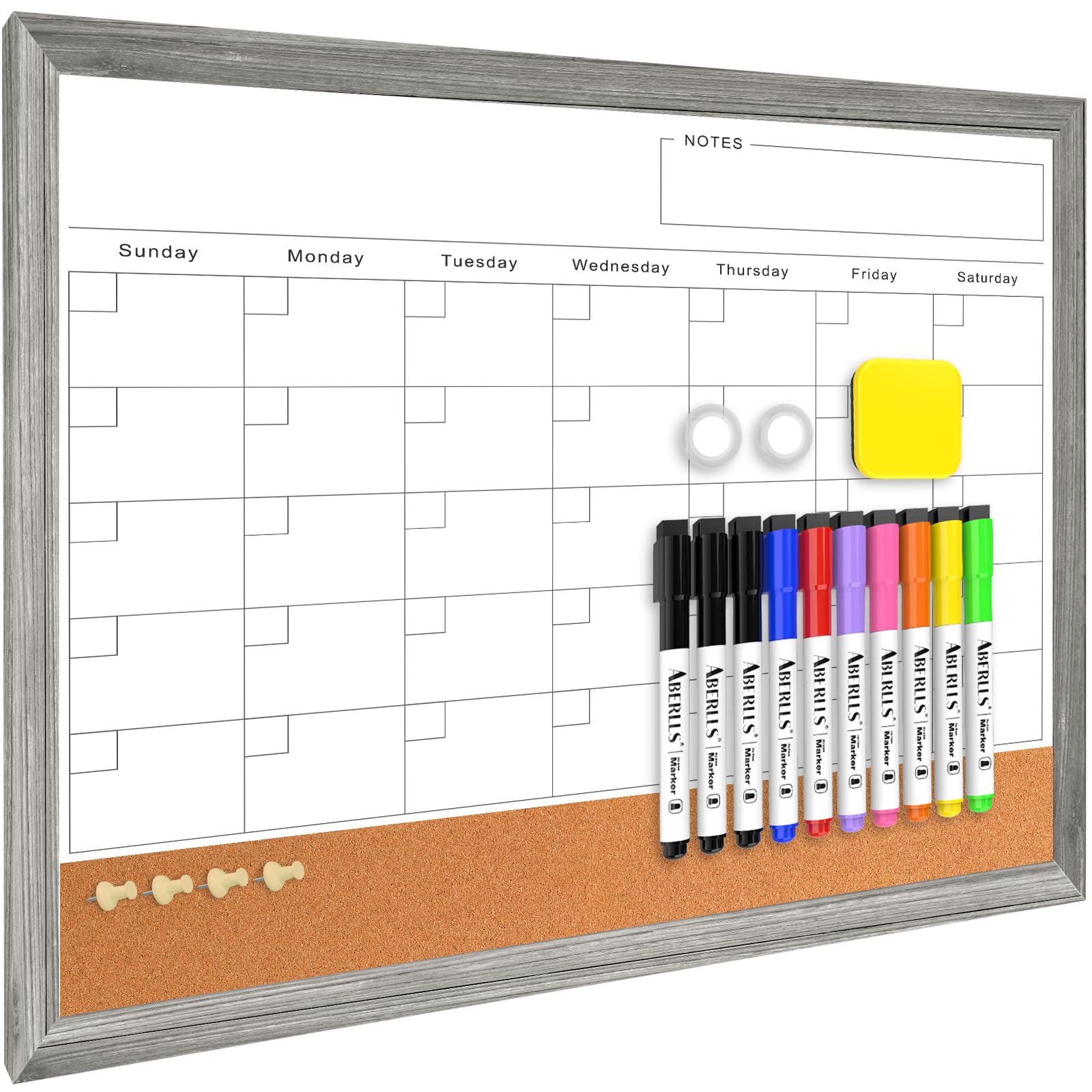 Monthly Whiteboard Calendar & Corkboard for Wall, Magnetic 17"x13" Dry Erase Board with Gray Wood Framed, 2in1 White Board Cork Board Combo, Calendar
