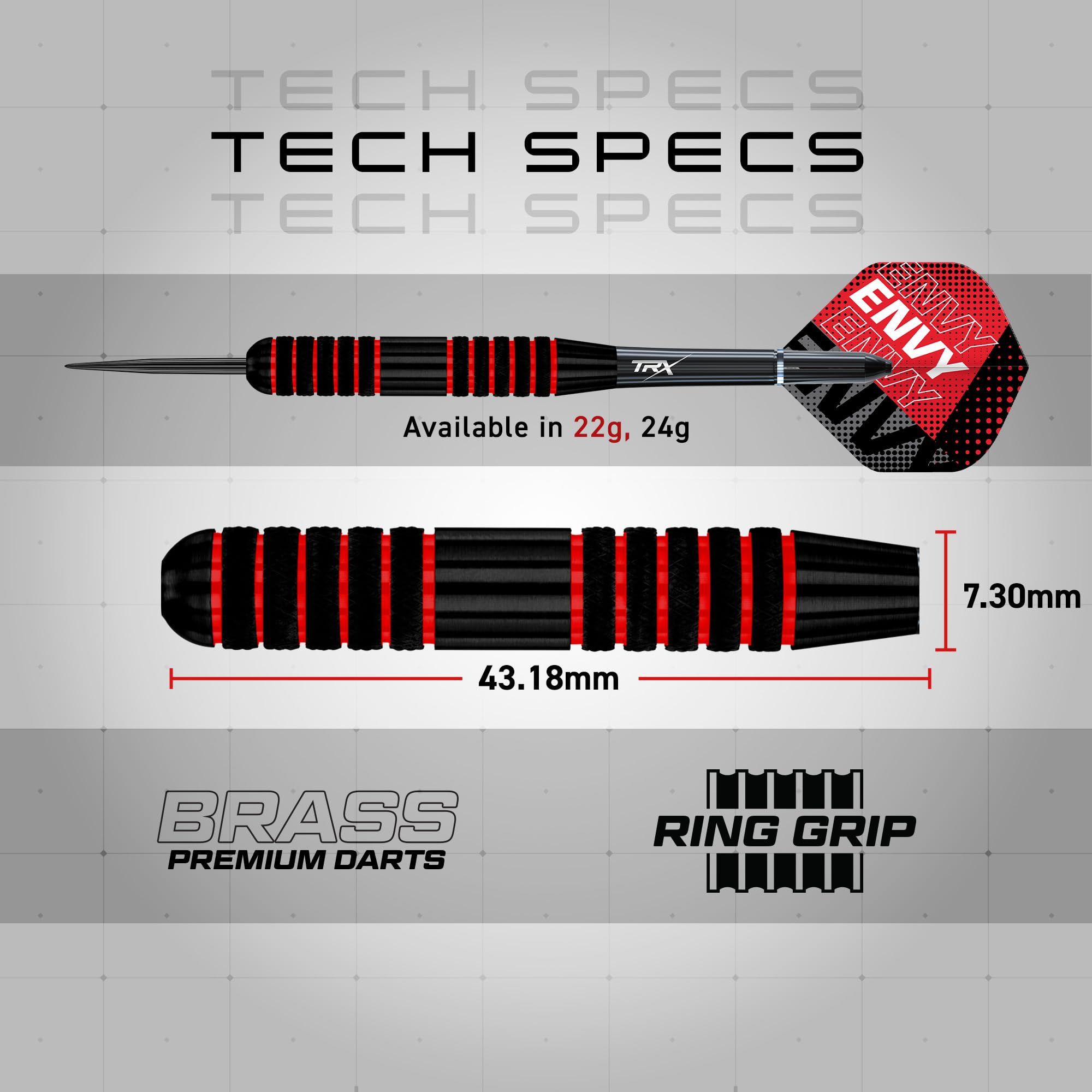 RED DRAGON Darts – Envy Series - Czarno-Czerwny Profesjonalny Mosiężny Zestaw Rzutek z Lotkami, Trzonkami i Etui - Dostępne z Miękką Końcówką 18g Barelka/ 20g Pełna Waga i Stalowym Grotem 22g & 24g