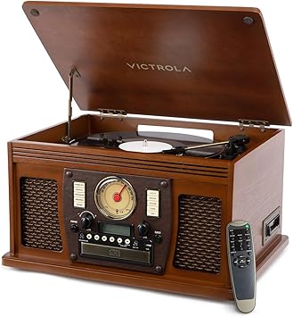 Victrola Navigator - 8-in-1 Bluetooth Record Player - Walnut | Real wood cabinet plays vinyl, CD, cassette, FM radio, USB and aux, built-in speakers, remote control included