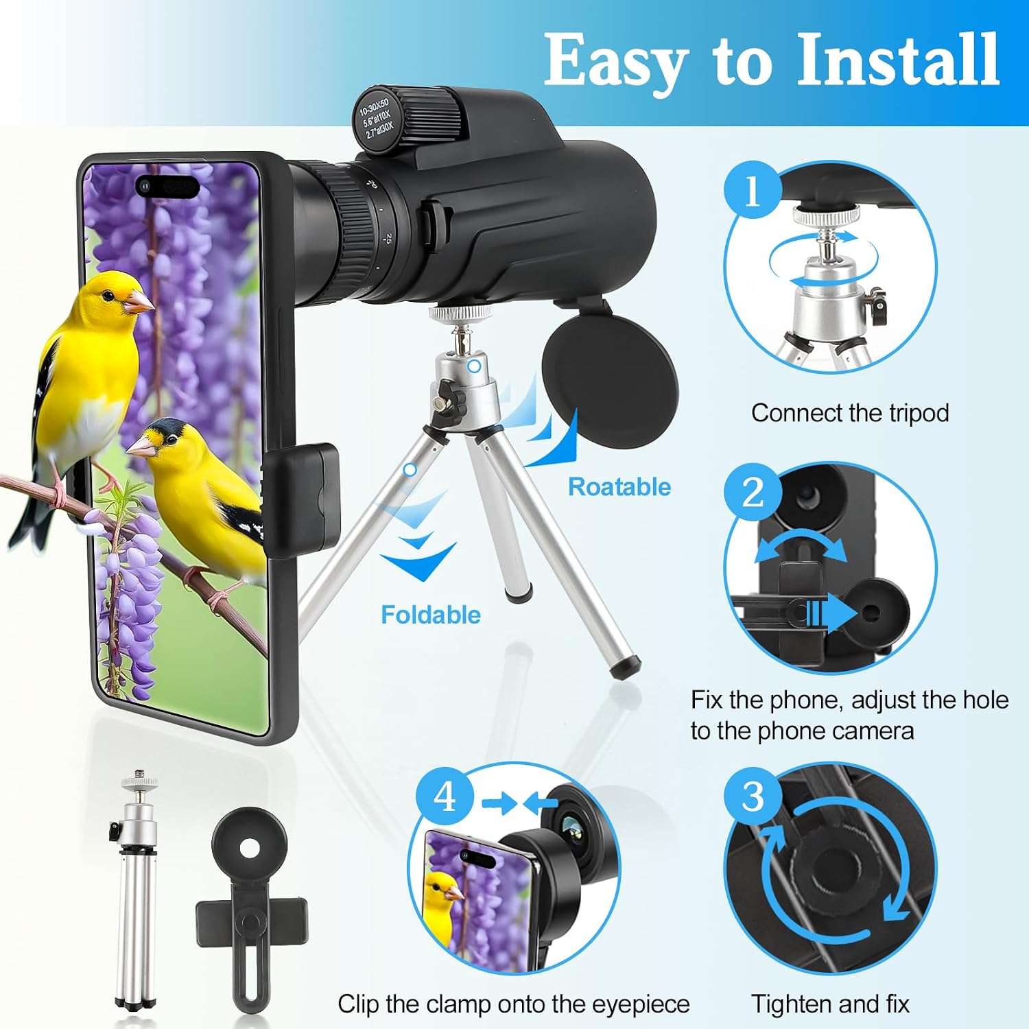 10-30x50 Monocular, Compact Prism Multi-Coated Telescope, High Power Waterproof Monocular Optics with Smartphone Adapter Tripod for Adult Bird Watching Hiking Sport Events