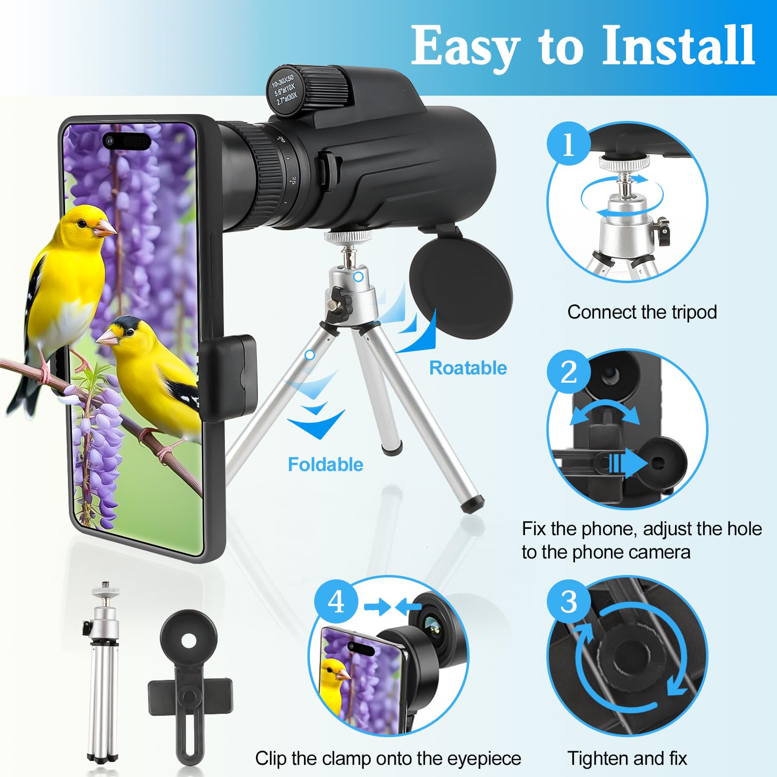 Telescopio monoculare compatto a prisma multistrato, 10-30 x 50, ottica monoculare impermeabile ad alta potenza con adattatore per smartphone, treppiedi per adulti, bird watching,