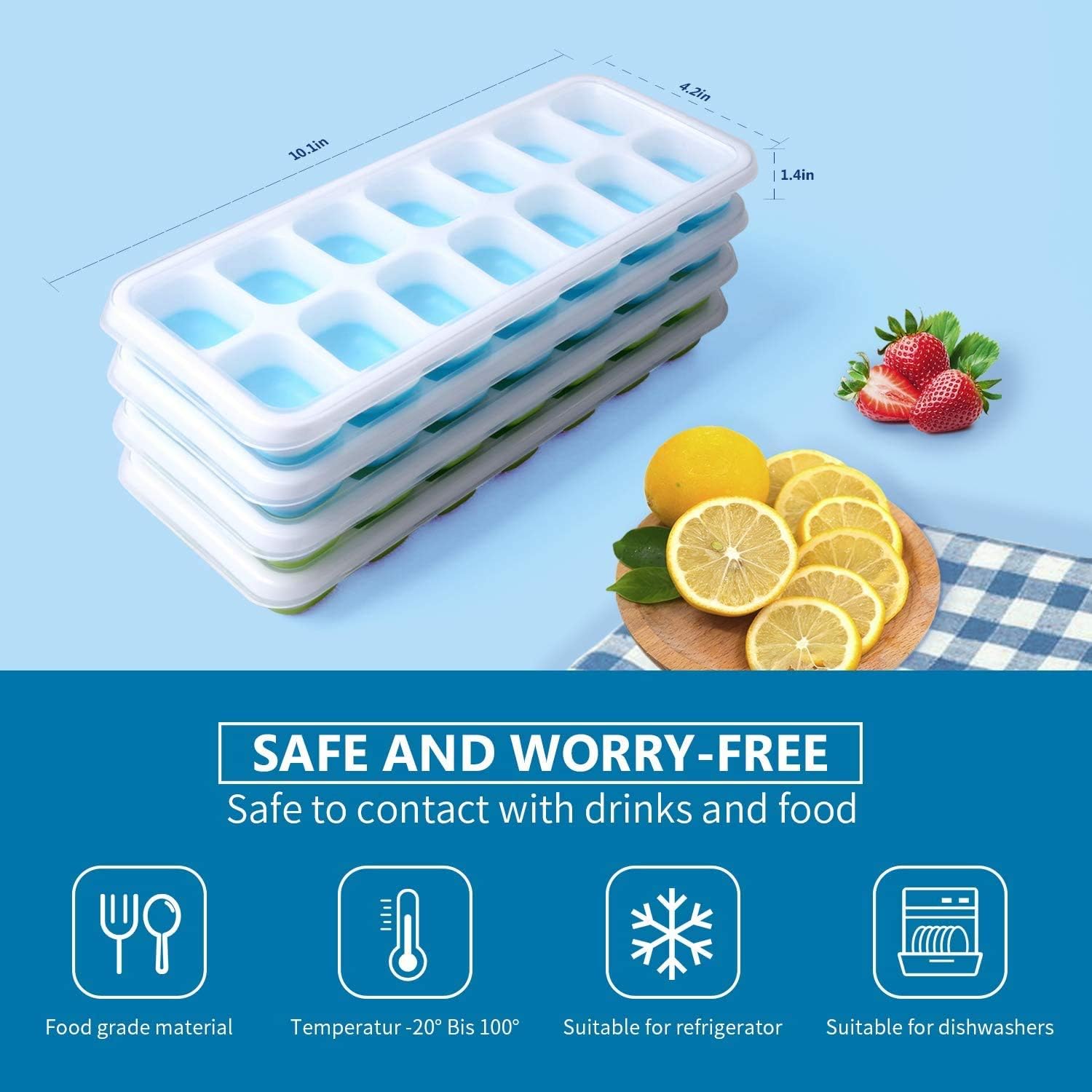 HAPTIME Ice Cube Tray Stackable Set: Easy-Release Silicone & Flexible Ice Trays with Lid - Durable Plastic BPA Free - 4 Packs | 14 Cube Ice Molds for Freezer, Drinks, Baby Food Storage