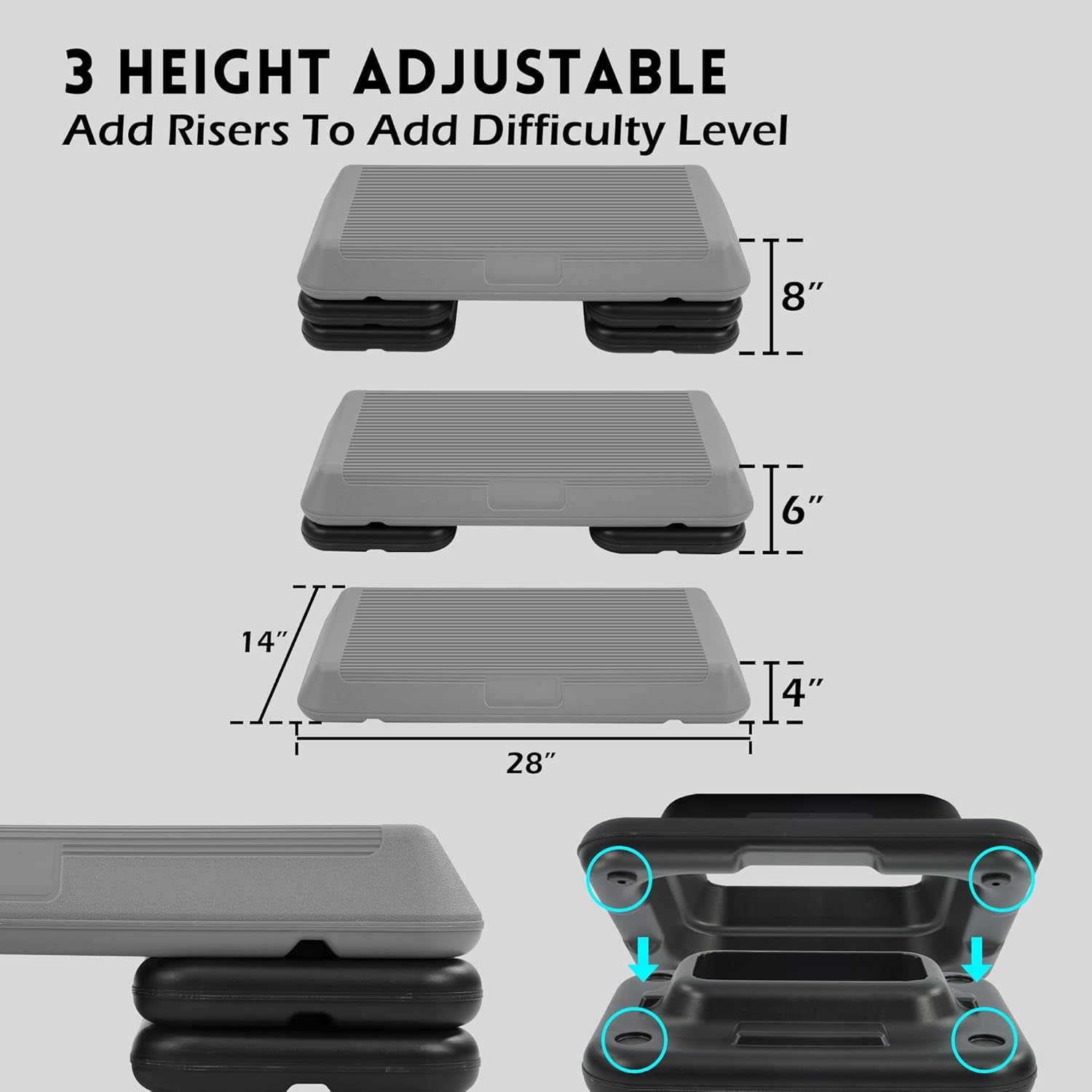Step Aerobic Platform, Exercise Step with levels Adjustable Height, Stackable Risers, Fitness Training Workout Stepper for Home Gym, Cardio Strength, Multiple Size & Color