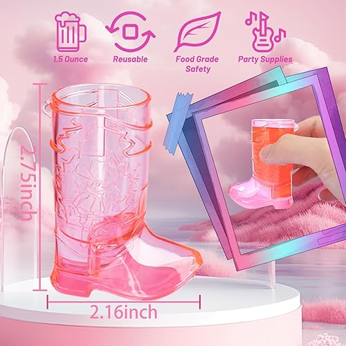 Miniatura 4 de Esdabem Juego de 16 vasos de tiro para botas vaqueras, mini vasos de chupito de plástico rosa, reutilizables, para vaquera, vaquero, fiesta temática