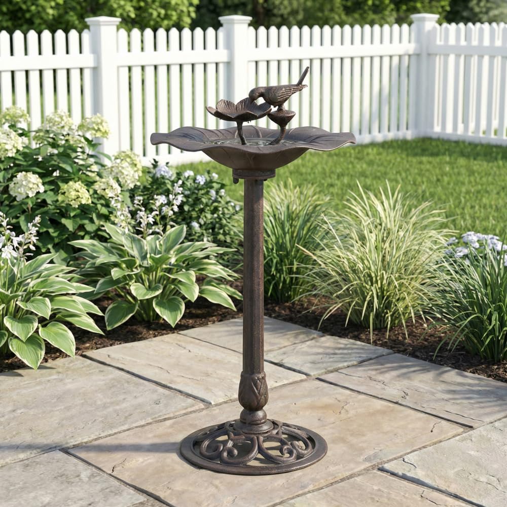 Lancaster Outdoor Bird Bath, Bronze Aluminum & Iron Top with Iron Base, Decorative Concave Bowl Bird Bath for Backyard, Patio & Garden Centerpiece (Bronze)