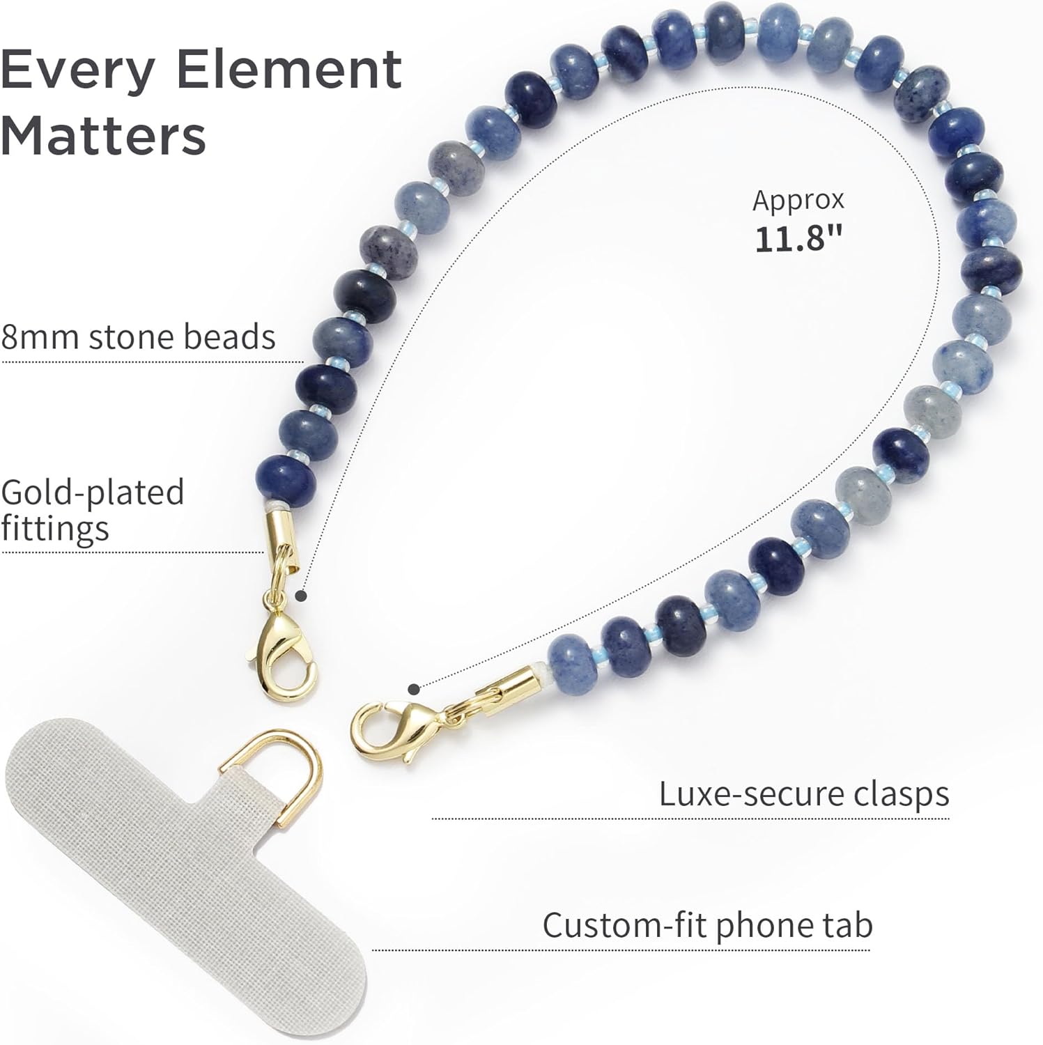 Natural Stone Phone Charm, Beaded Healing Phone Wrist Strap, Handmade Cellphone Chain Lanyard with Tether Tab - Image 5