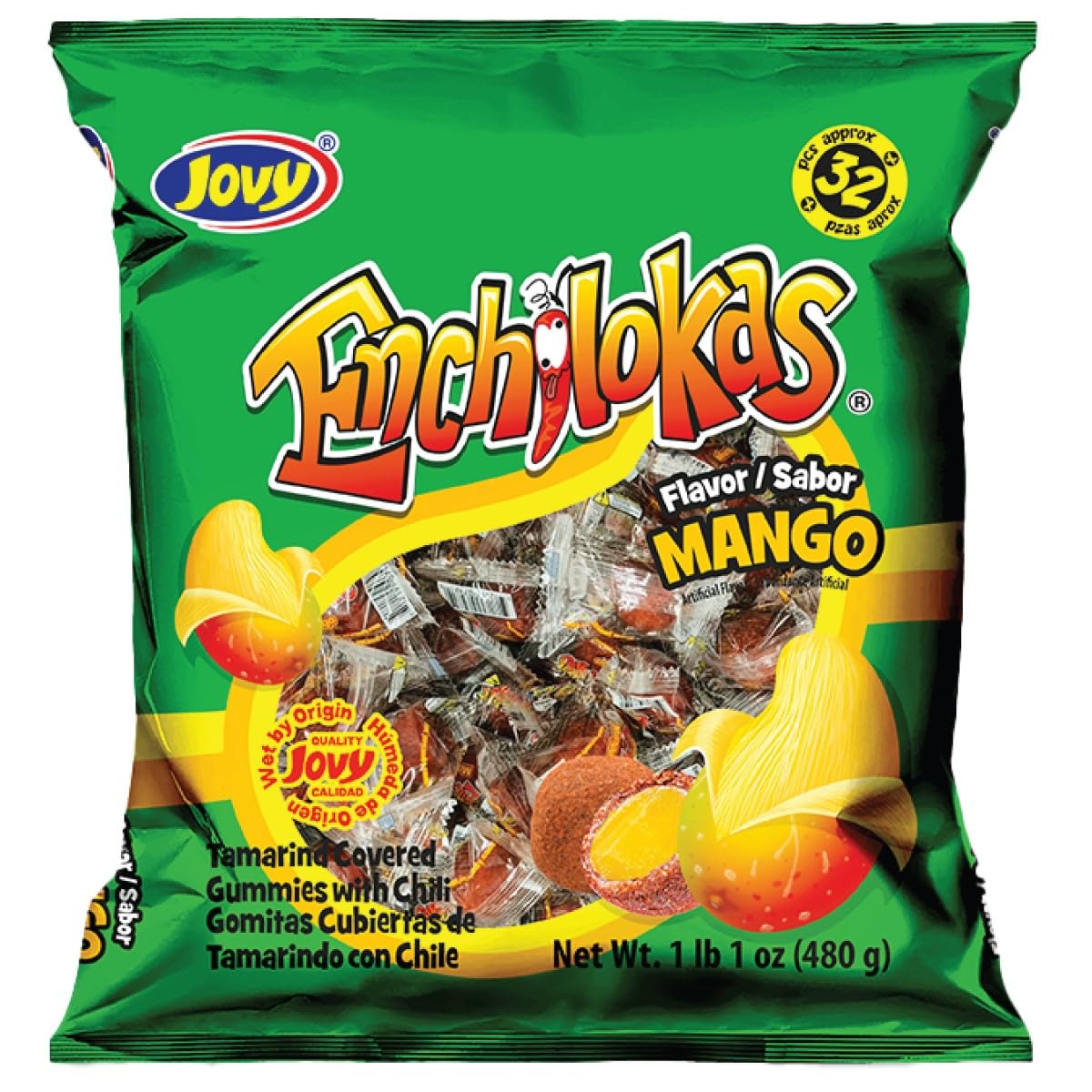 Jovy Enchilokas Candy. Mango Flavored Tamarind Covered Gummies With Chili. Net wt 1-lb 1-oz