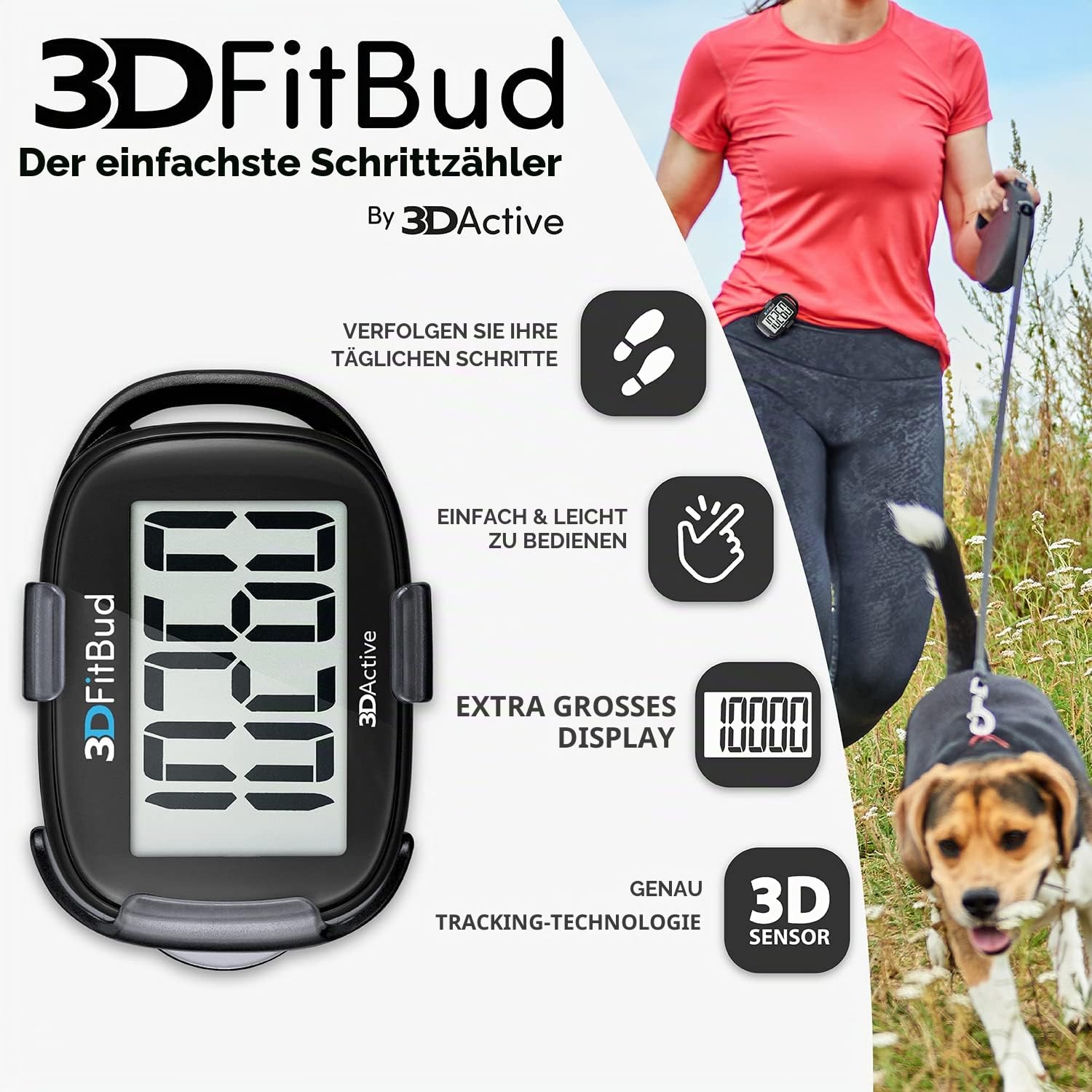 3DFitBud Einfacher Schrittzähler 3D von 3DActive mit Clip Lanyard Präziser Schrittzähler Großes Display Einfach Zu Verwenden Für Kinder Männer Frauen Erwachsene Senioren - A420S