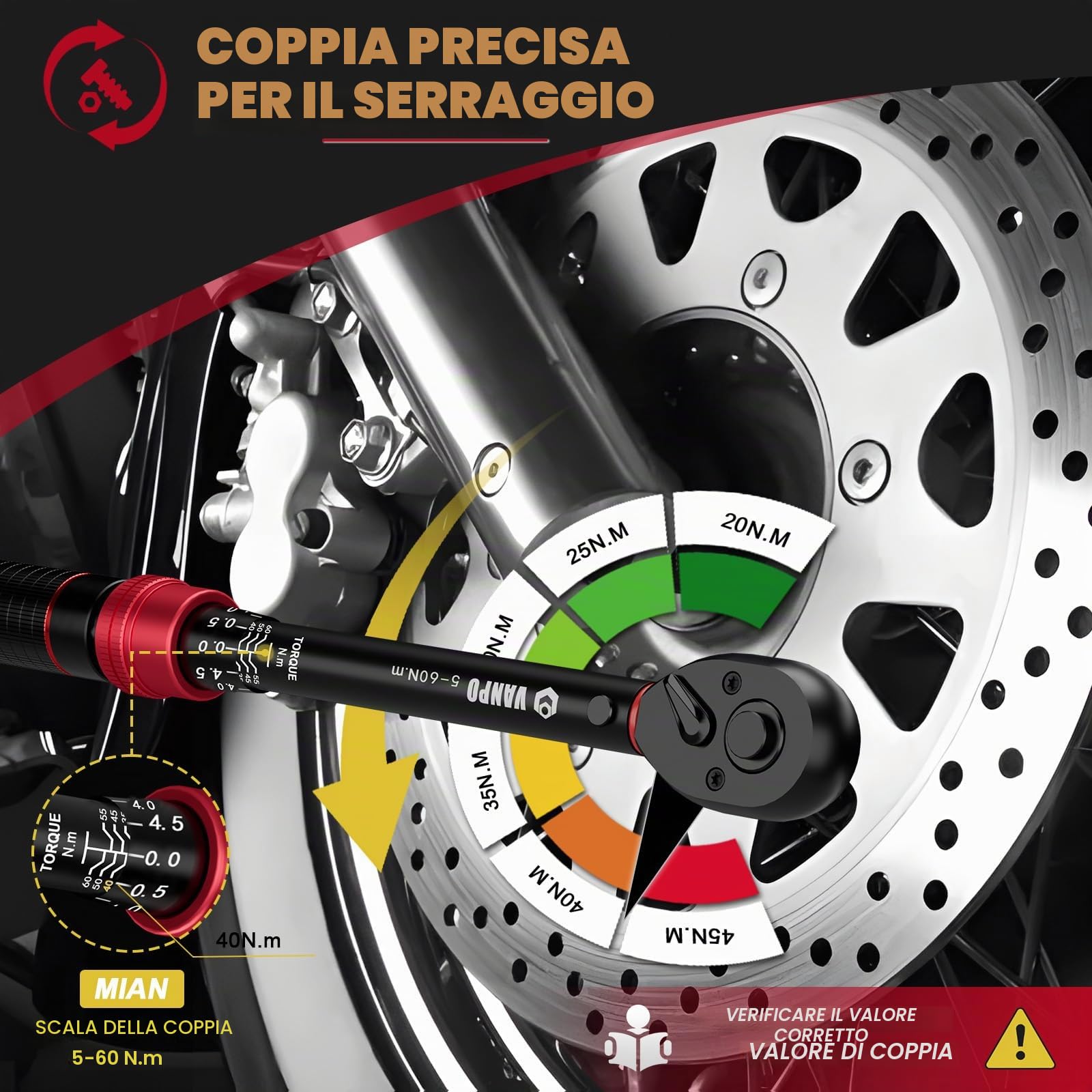 VANPO Chiave Dinamometrica 5-60Nm 3/8" 72 Denti Set 3 Pezzi con Barra Prolunga 125mm e Adattatore