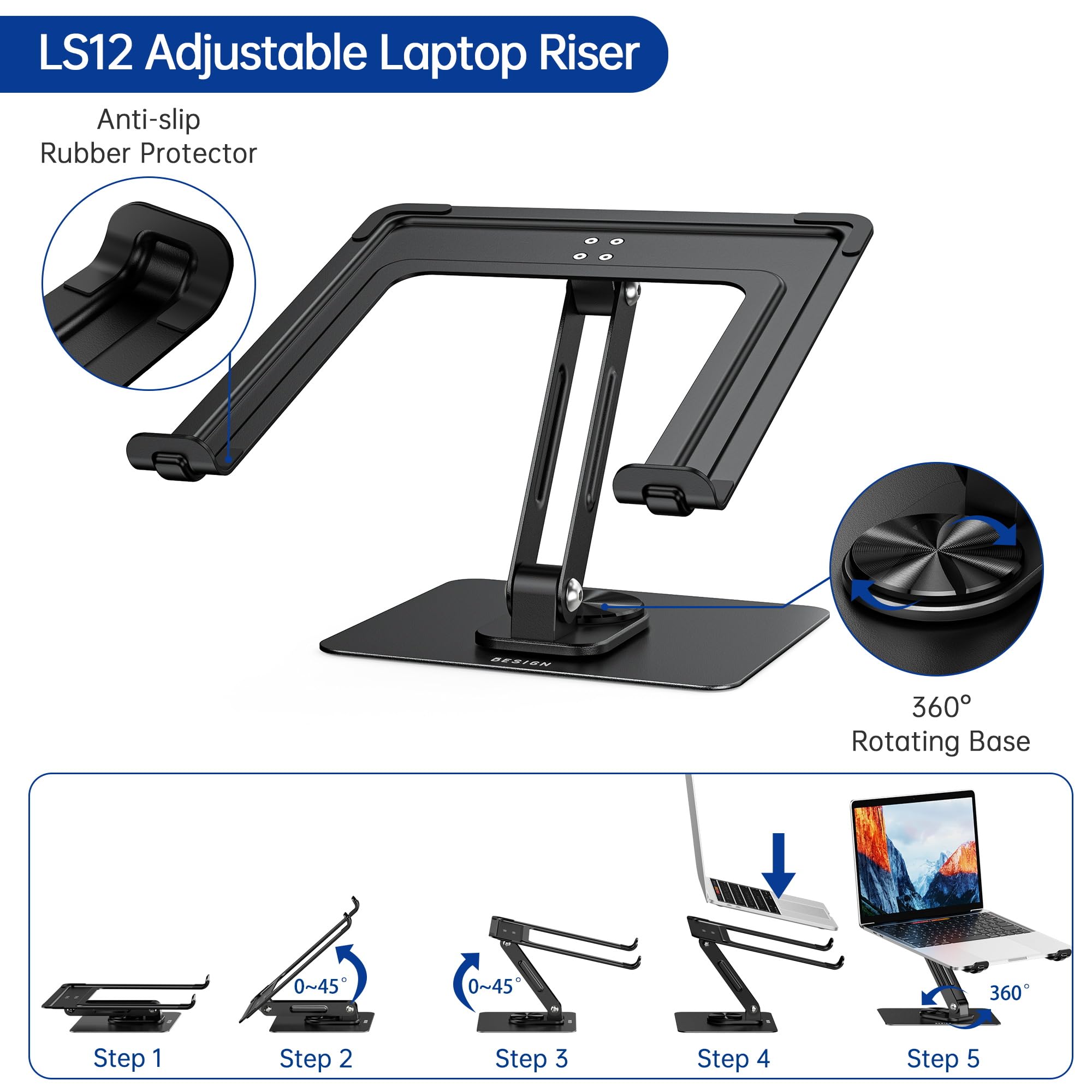 BESIGN LS12 Supporto per laptop con base girevole a 360, supporto ergonomico regolabile, compatibile con laptop da 10 a 14" (nero)