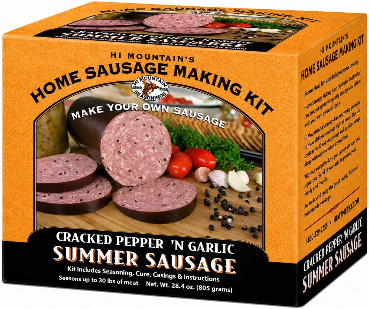 Hi Mountain Summer Sausage Seasoning Kit | CRACKED PEPPER 'N GARLIC | Includes 10 Casings, Seasoning, Cure, & Directions | Ideal for Beef, Pork, Venison, Deer & Wild Game | Makes up to 30 lbs