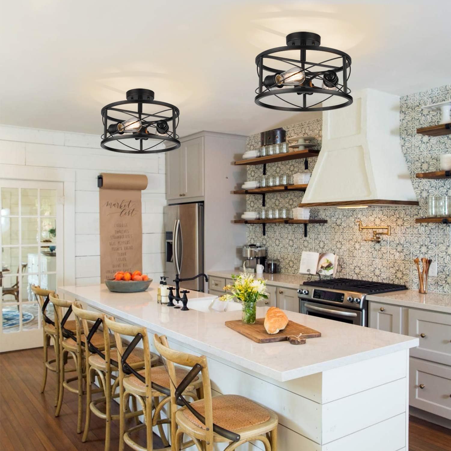 Industrial 3-Light Semi Flush Mount Ceiling Light, Modern Farmhouse Lighting Fixture with Metal Cage, Black Vintage Retro Pendant Lamp for Hallway Kitchen Bedroom Living Room Bathroom Entryway - - 