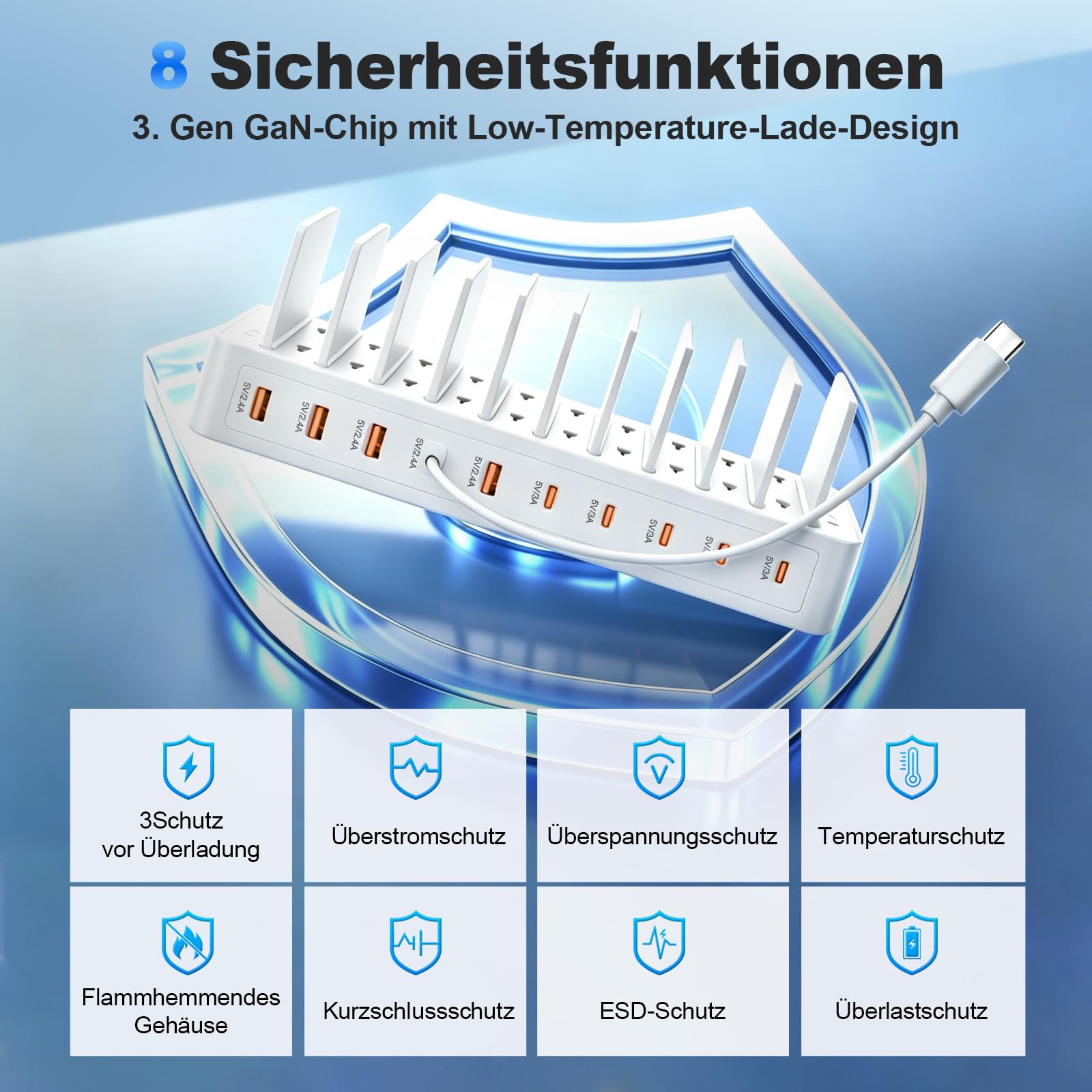 100W USB Ladestation Mehrfach, 10-Port USB C Ladegerät Mehrere Geräte mit verstellbaren Trennwänden Schnellladestation für iPhone, iPads, Tablets und andere Geräte (mit 10 Ladekabeln) Weiß