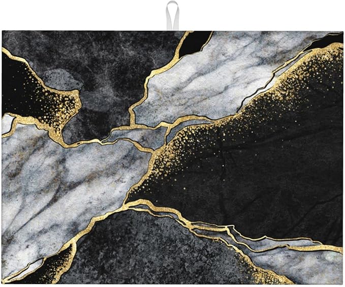 Dish Drying Mat Black Marble Gold Crack for Kitchen Counter Absorbent 18x24 Inch Microfiber Dishes Plate Glass Dry Draining Pad Reversible Washable