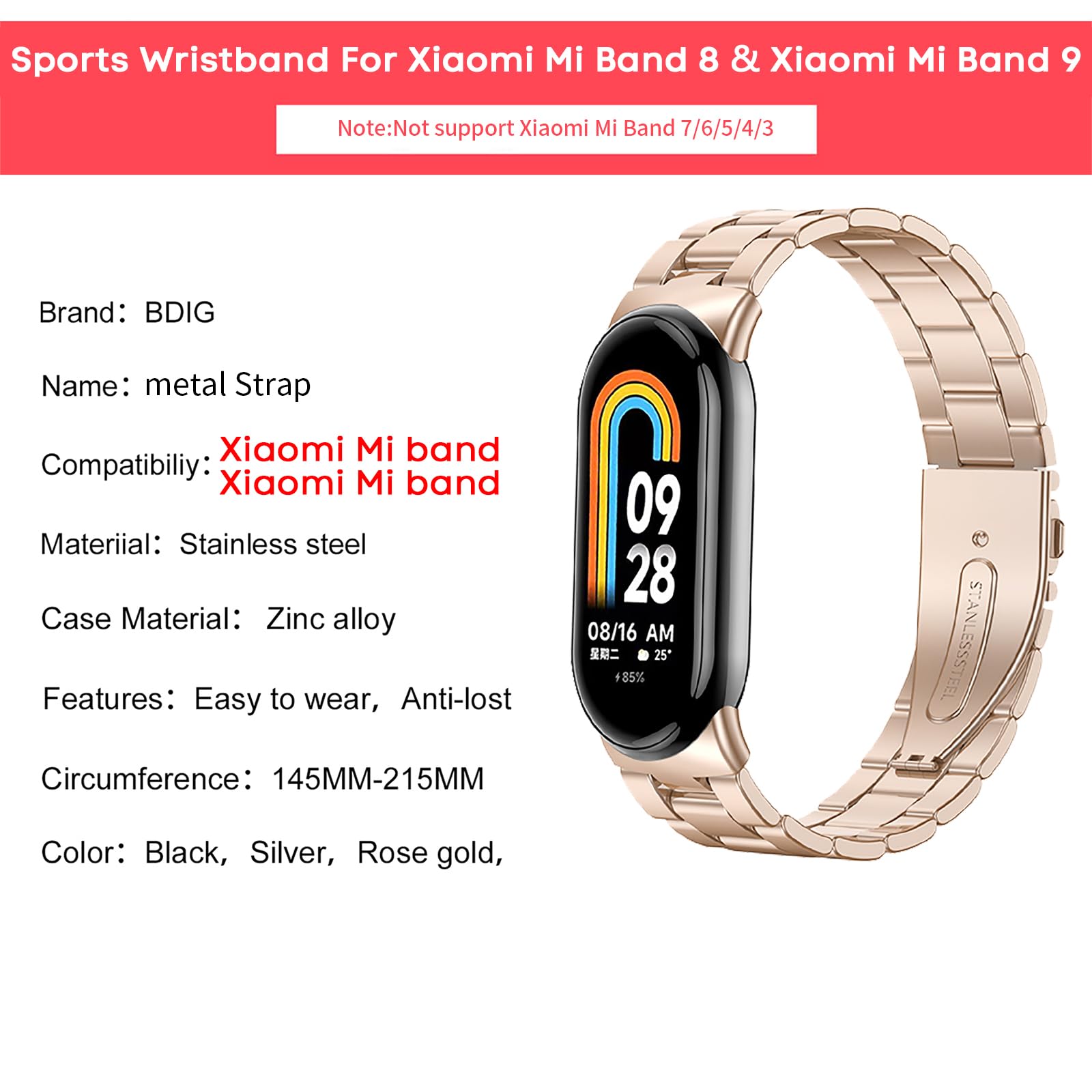 BDIG Strap Compatible for Xiaomi Mi Band 9/8, Stainless Steel Replacement Bracelet with Adjustable Buckle - Rose Gold - Image 4
