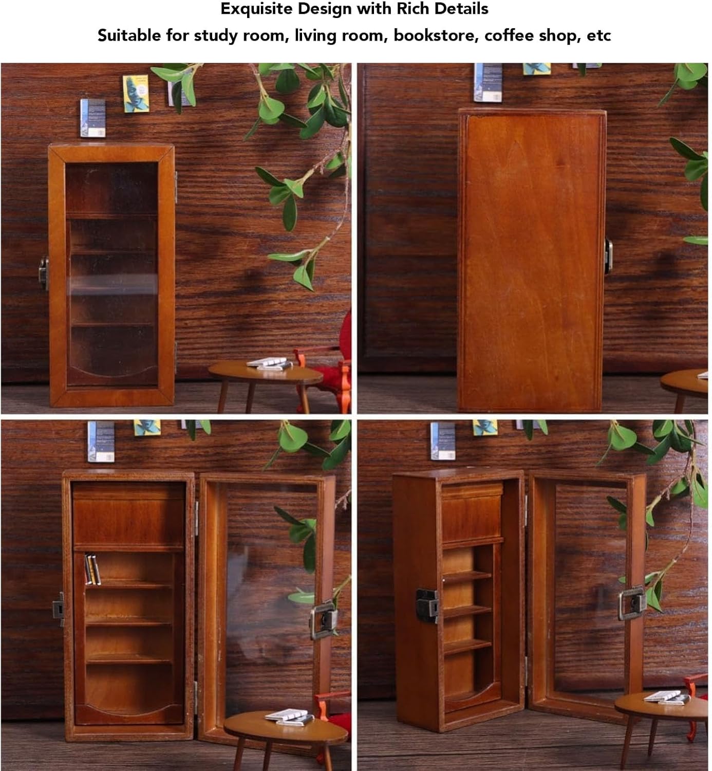 Bewinner Anxiety Relief Bookshelf Ornament, Wooden Miniature Library Display Case for Home Office Decoration, Shake Away Stress with 80pcs Simulated Books for Adults Men Women Book Lovers