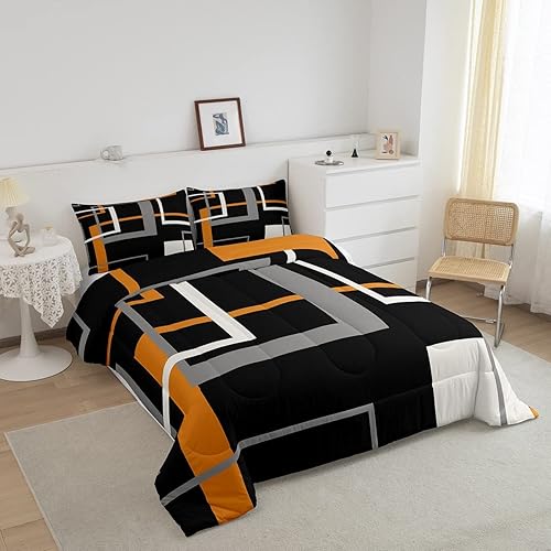 Miniatura 3 de Juego de edredón de geometría cuadrada tamaño Queen para niños y niños, decoración de habitación de línea naranja y negra, edredón de arte