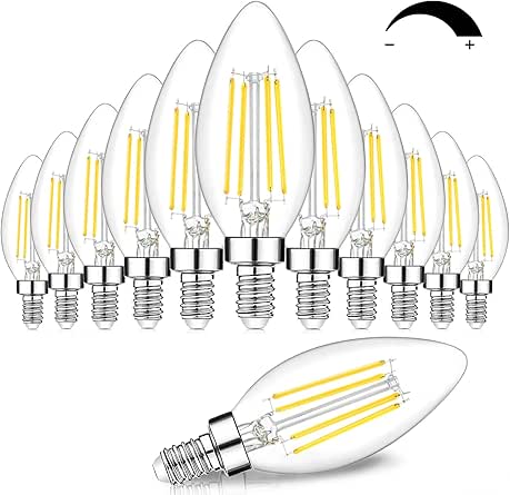 12-Pack Dimmable E12 LED Candelabra Bulbs 60W Equivalent, 5000K Daylight White, 600 Lumens B11 Candle Base 6W C35 LED Filament Vintage Light Bulbs, Clear Glass for Chandelier Ceiling Fan High CRI 90+
