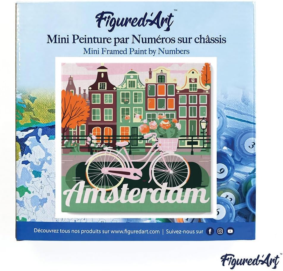 Figured'Art Mini Paint by Numbers Kit for Adults with Frame Travel Poster Amsterdam Small Format 8"x8" - Craft Art Painting DIY Canvas Already Stretched on a Wooden Frame