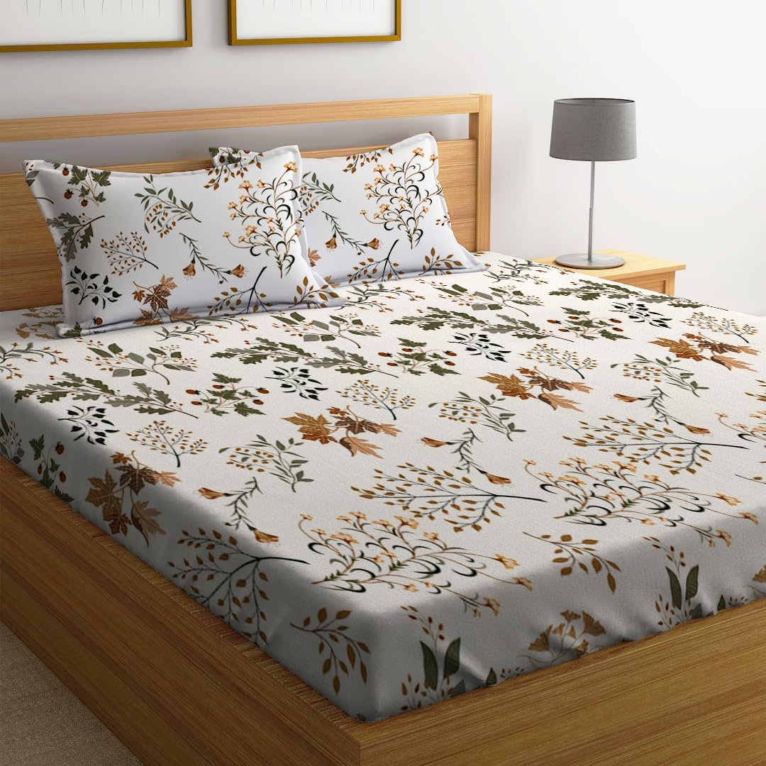 LOOMLYFE 300 TC Cotton Feel Glace Cotton Elastic Fitted Printed King Size Double Bed Bedsheet with 2 Pillow Covers Fits Upto 8 inches Mattress, Size- 72X78 Inches, WhiteMaple
