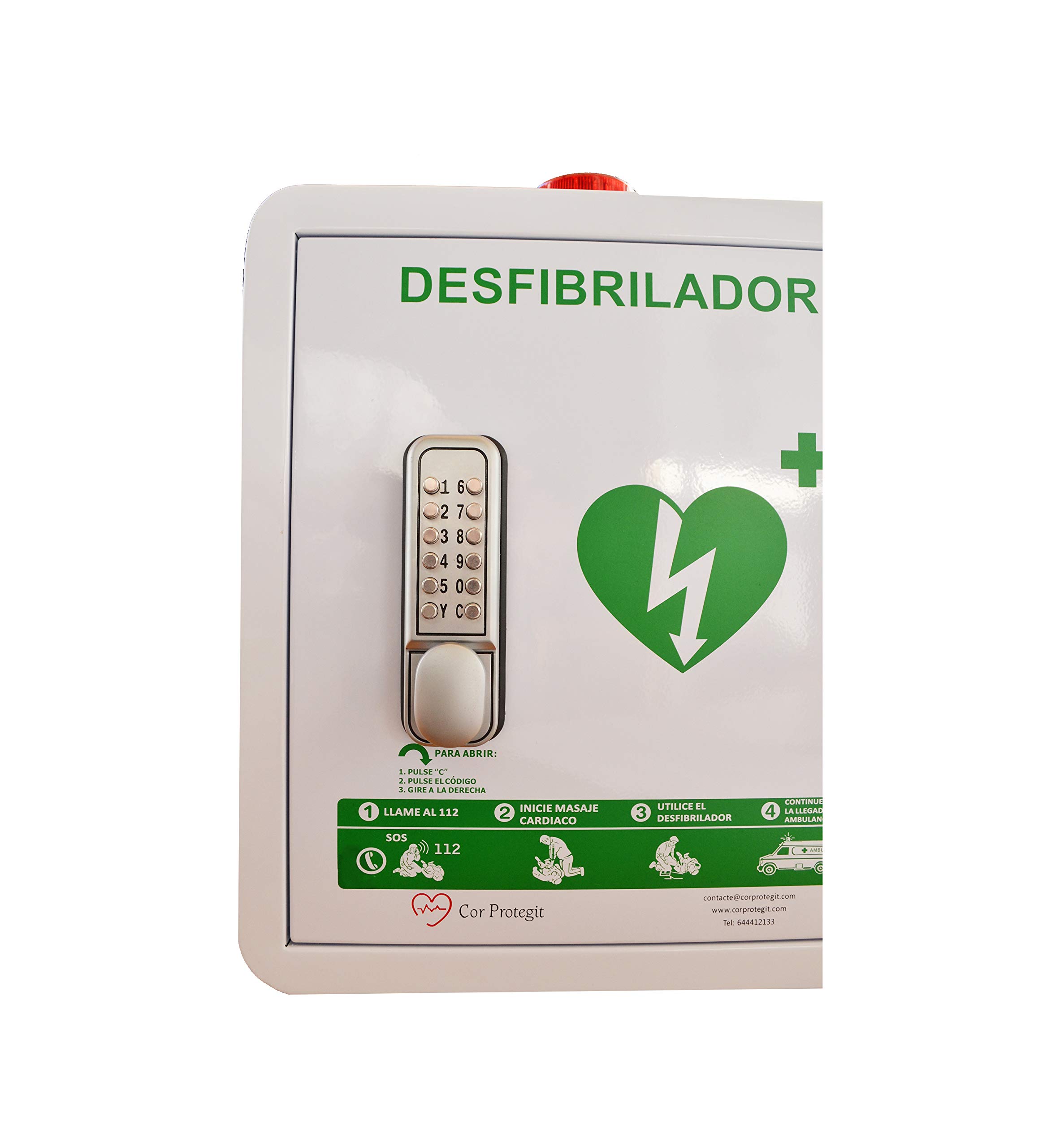 Cabina Ibis para desfibrilador con alarma sonora y visual y combinación mecánica. Especial comunidad de vecinos, anti-robo anti-hurto del DEA AIVIA