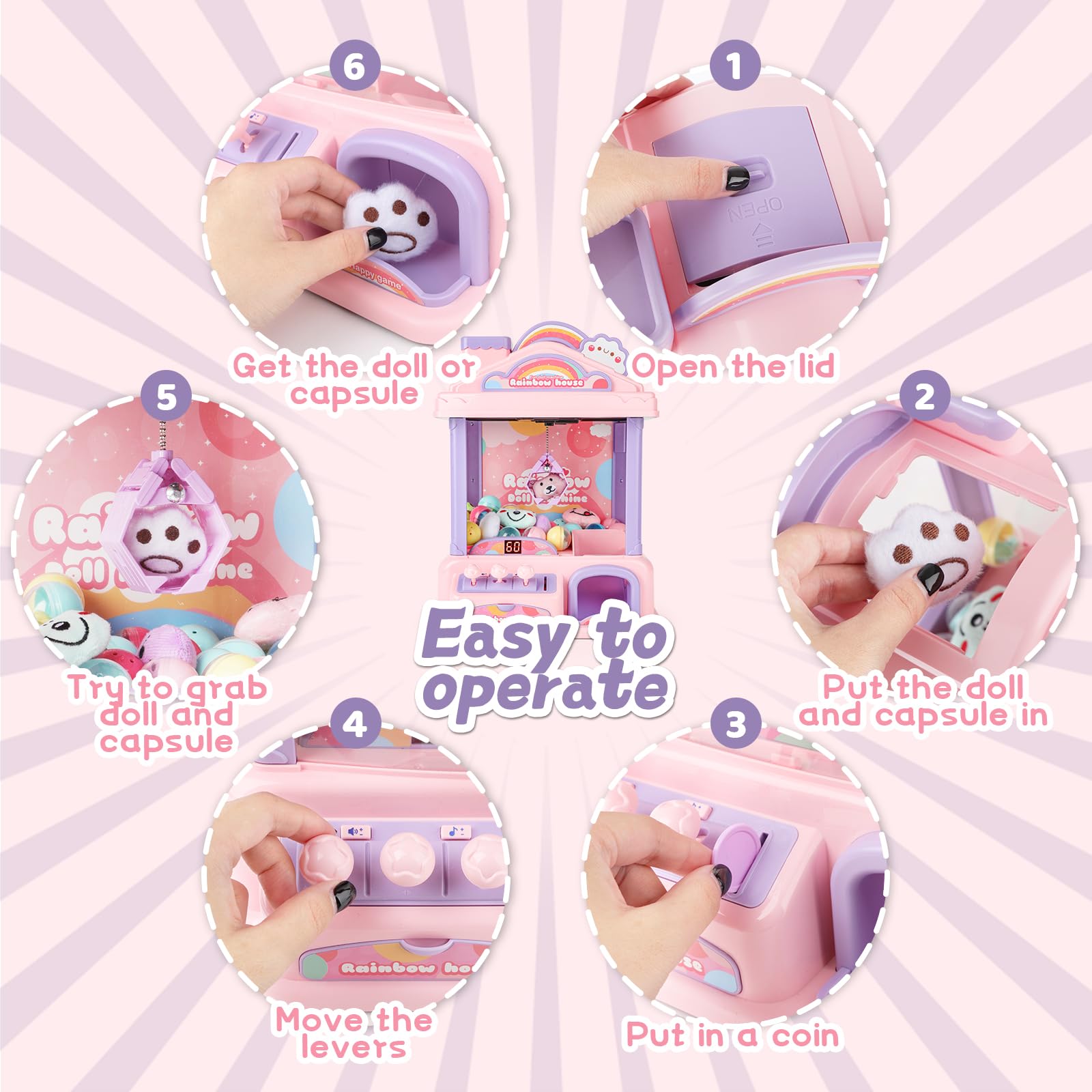 deAO Mini-klemmachine, speelgoed klauwmachine voor meisjes, klauwmachine met geluid en muziek, snoepvanger en mini-speelgoed van pluche, elektronisch arcadespel, cadeaus voor kinderen