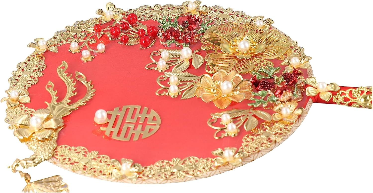 Leadigol Chinese Style Fabric Folding Fan With Tassel Handle, Wedding Bride Embroidery Flowers Decorative Silk Fan
