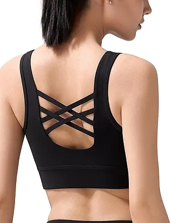 Yvette Women's Cross Back Sports Bras U-Neck Yoga Bra with Wide Straps & Fixed Pads for Workout, Gym