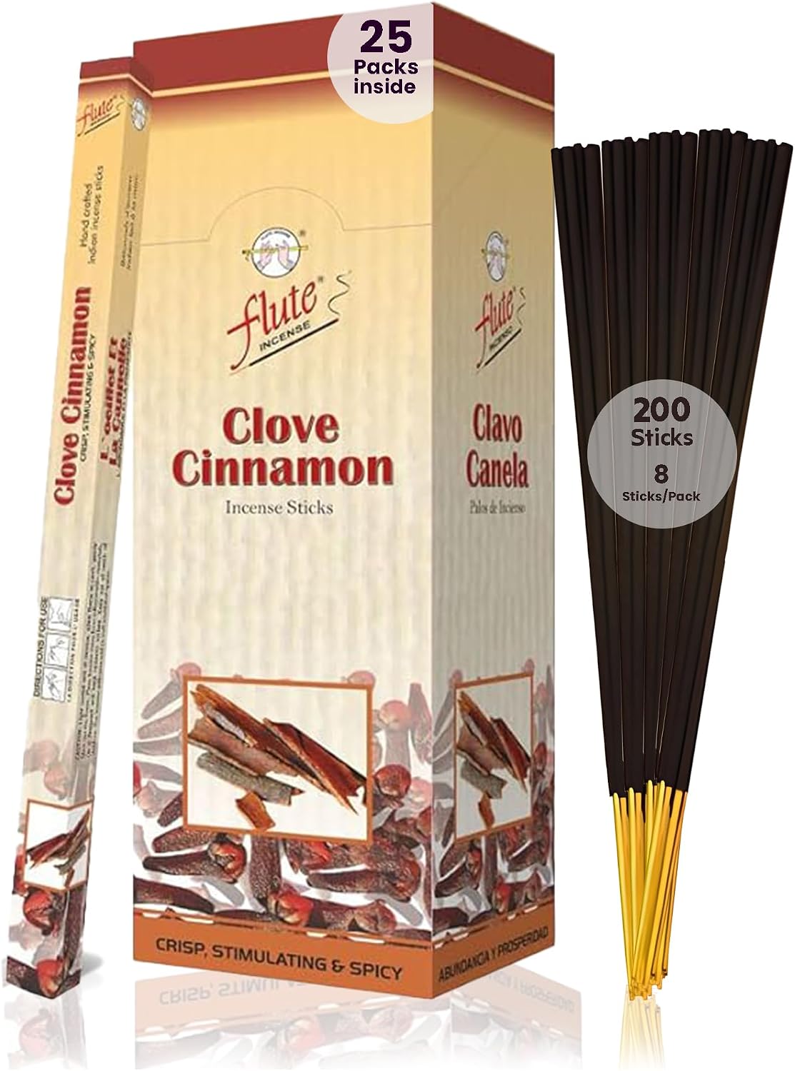 Flute Cinnamon & Clove Incense Sticks – Spicy Aroma for Energy, Positivity & Festive Ambience – 8 Sticks/Pack, 25 Packs (9 Inch - 200 Sticks) | 40 Minutes Burning Time