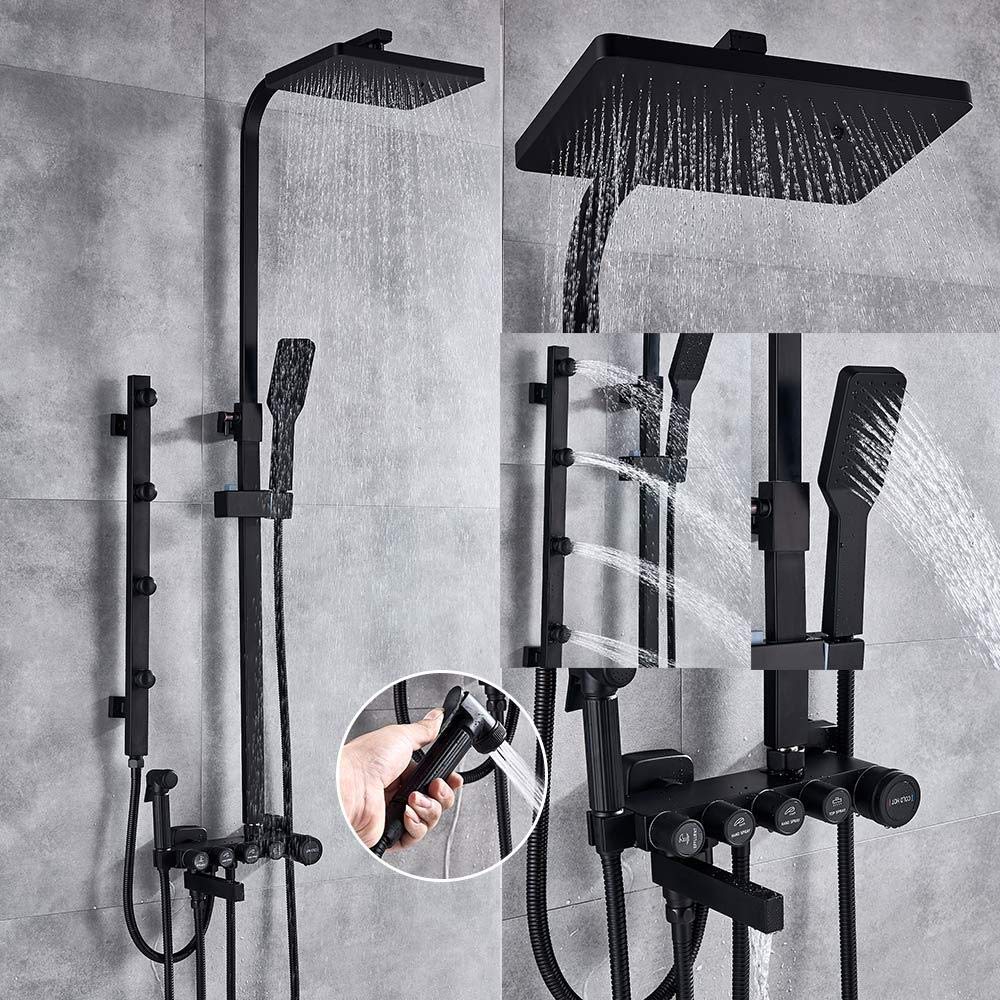 ASerZenith Shower Faucet Set 5-Function Switch Wall Mount Rain Shower Head with Hand Shower Bathtub Spout Bidet Tap Mixer-Black Gold(Matte Black)