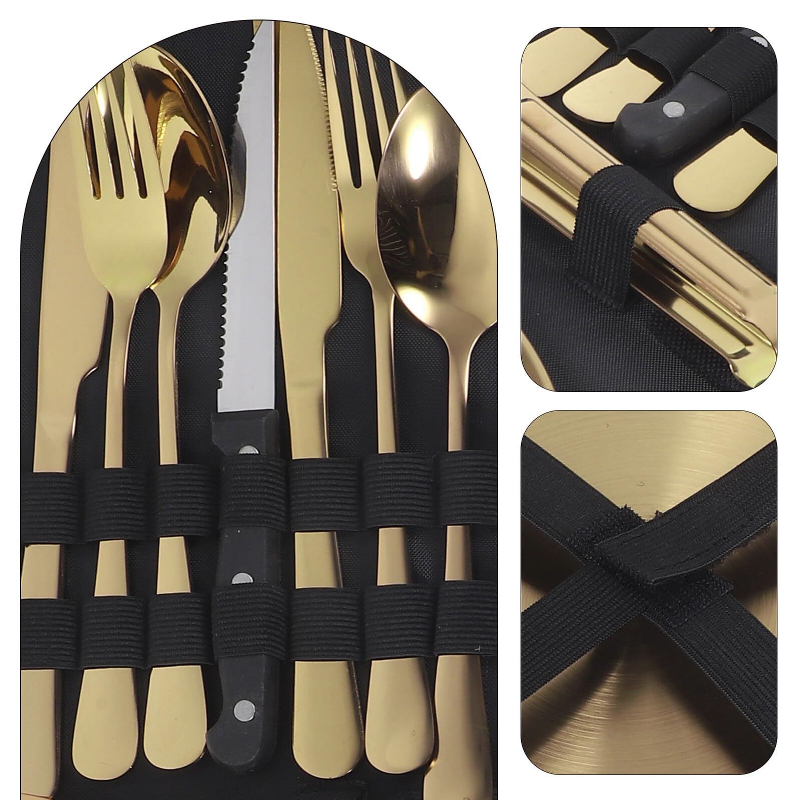 VICASKY Edelstahl Camping Besteckset Gold Reusable Outdoor Cutlery mit Tasche Faltbare Gabeln Robustes Geschirr für Picknick Wandern und Reise Langlebig und Kompakt