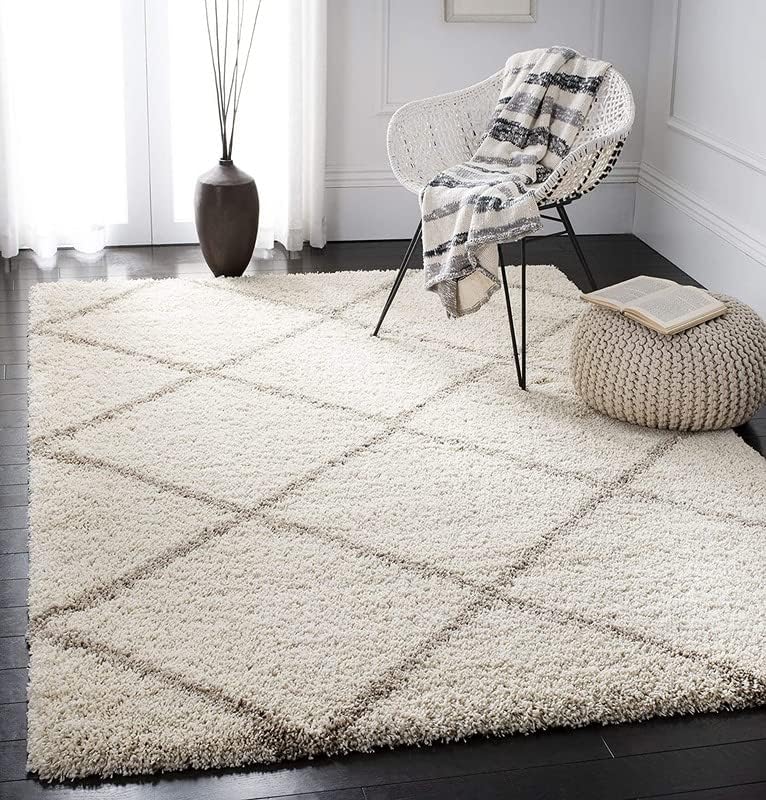 Image of Shaggy Carpet for Living Room 10X14 FEET Fluffy Plush Area Rug, Thick Fur Floor Carpet Modern Cozy Rug for Home Decor, Kids Room Bedside Hall, Durable Comfortable Shaggy Rug (A Ivory Beige Trellis)