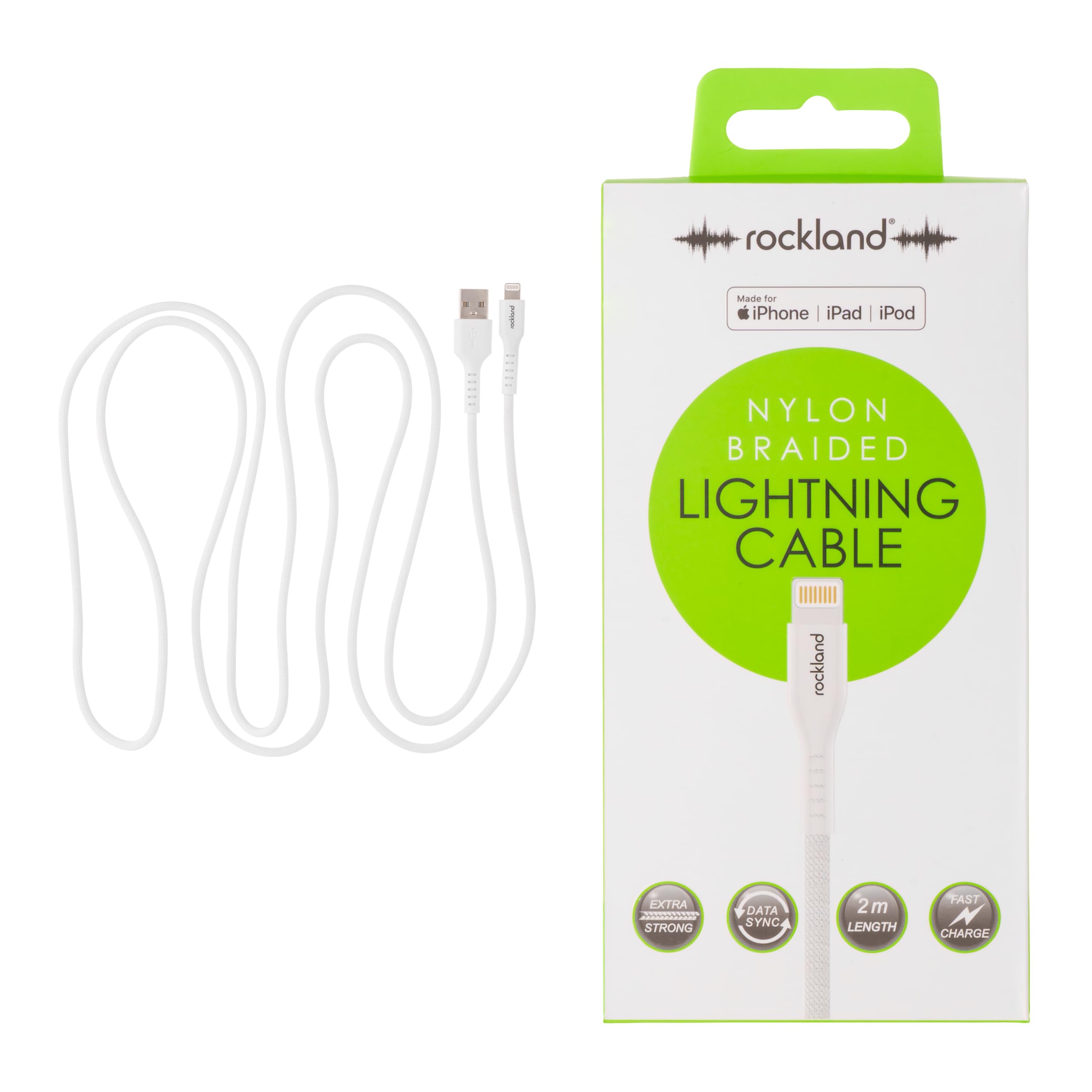 Rockland MFI assured Nylon Braided USB to Lightning Cable 2M, Apple assured iPhone iPad Charger, Extra Long Fast Charging Cord, Data Sync Cable