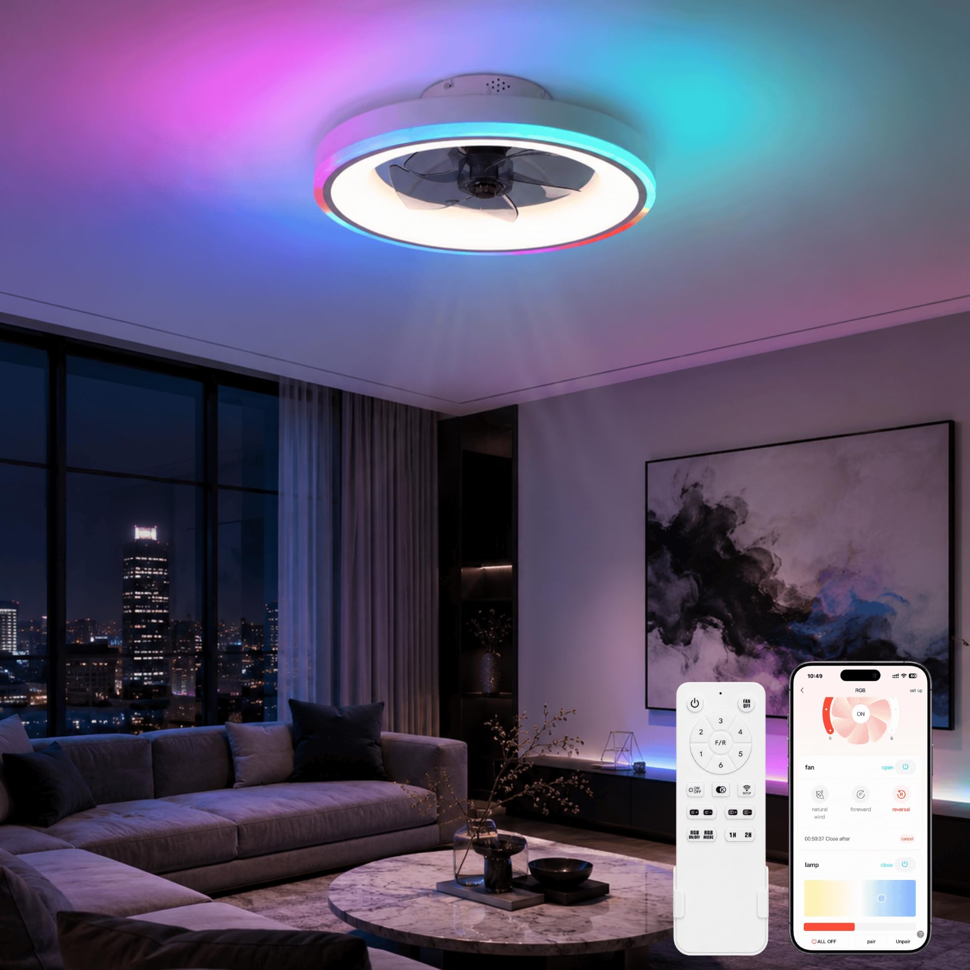 50 cm Deckenventilator mit Beleuchtung, RGB-Licht, leise, Weiß | RGB Deckenventilator mit Licht, Fernbedienung, Deckenlampe mit Ventilator, 6 Geschwindigkeiten, dimmbar, Timer, Schlafzimmer