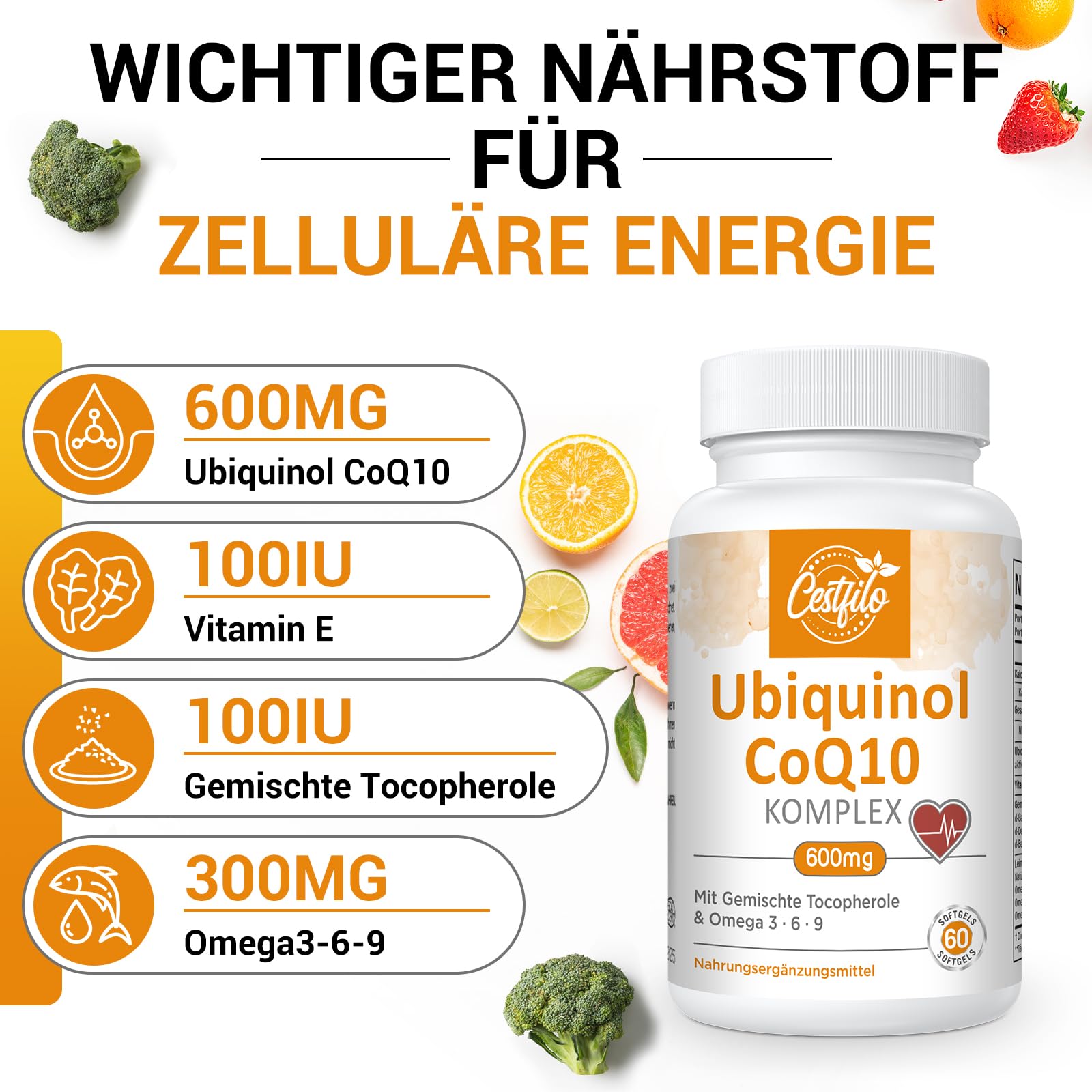 Ubiquinol CoQ10 600 mg cápsula blanda - Forma activa de CoQ10 más vitamina E y omega 3 6 9 - Suplemento antioxidante avanzado de coenzima Q10 para el corazón y el cerebro (60 unidad (Paquete de 1))