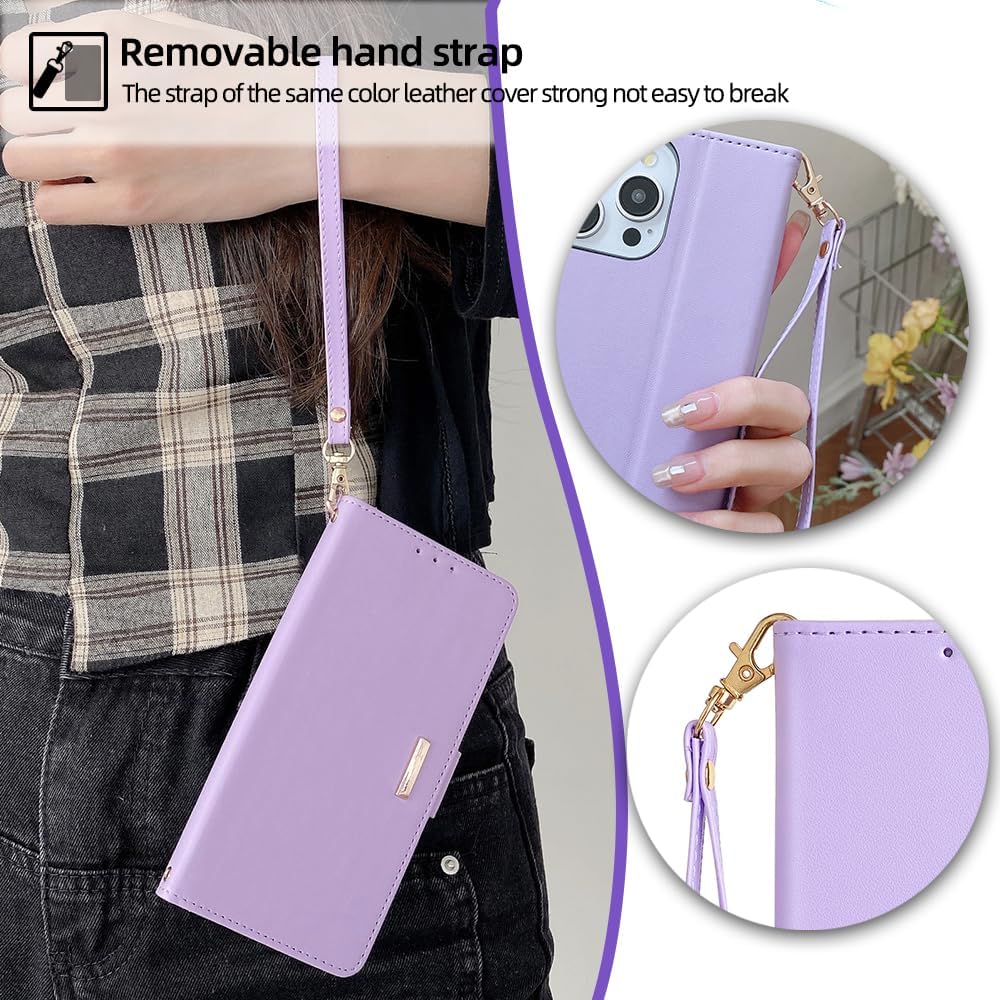 Wallet Case for VIVO Y77 5G with Wrist Strap PU Leather Protective Cover, Card Holders Kickstand RFID Blocking Shockproof Magnetic Handbag Flip Phone Shell Case