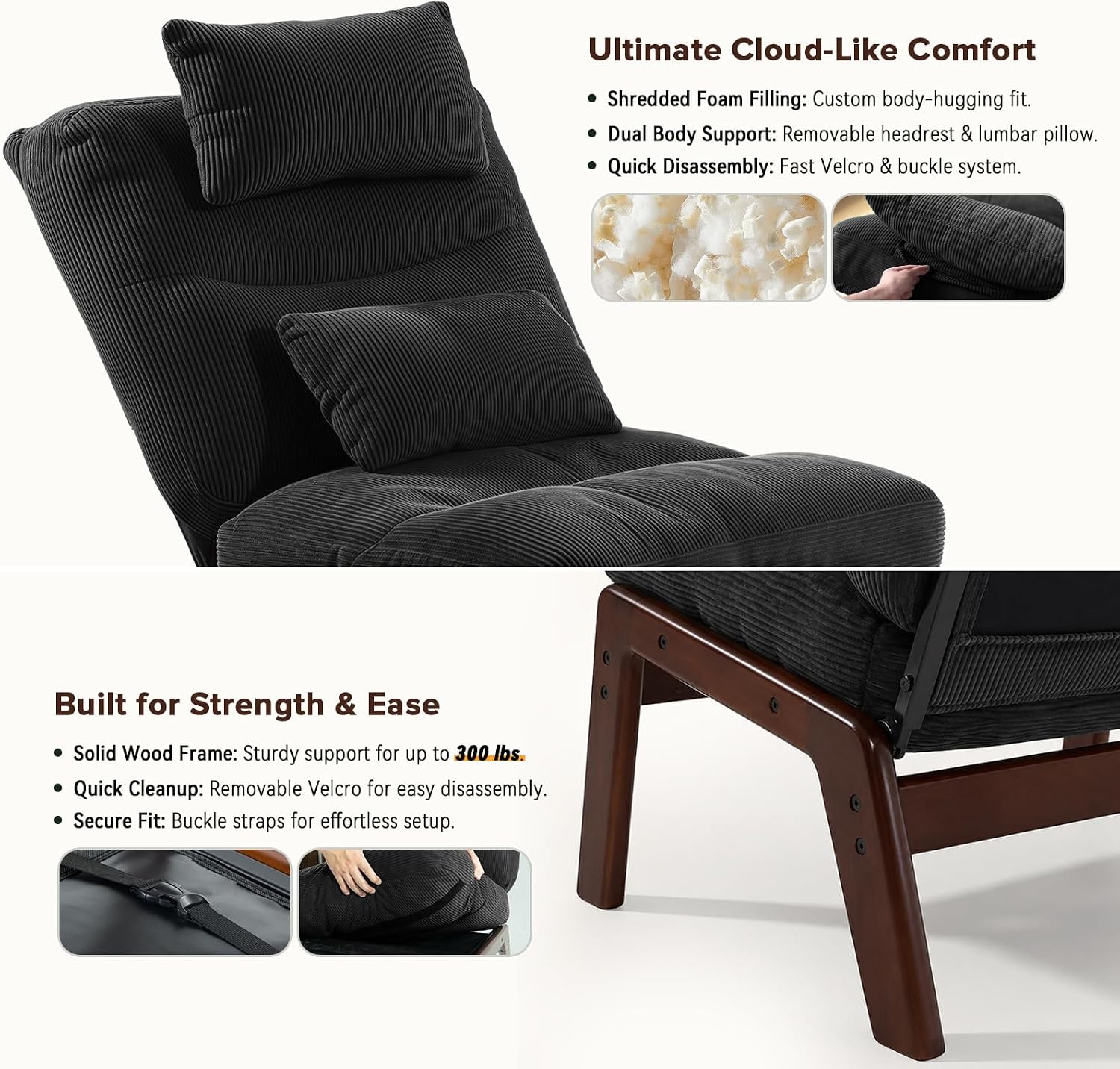GEMBED Accent Chair with Ottoman Adjustable Backrest, Comfy Lounge Chair Single Sofa with Headrest Lumbar Pillow, Reading Chair with Footrest for Bedroom, Living Room, Dark Grey