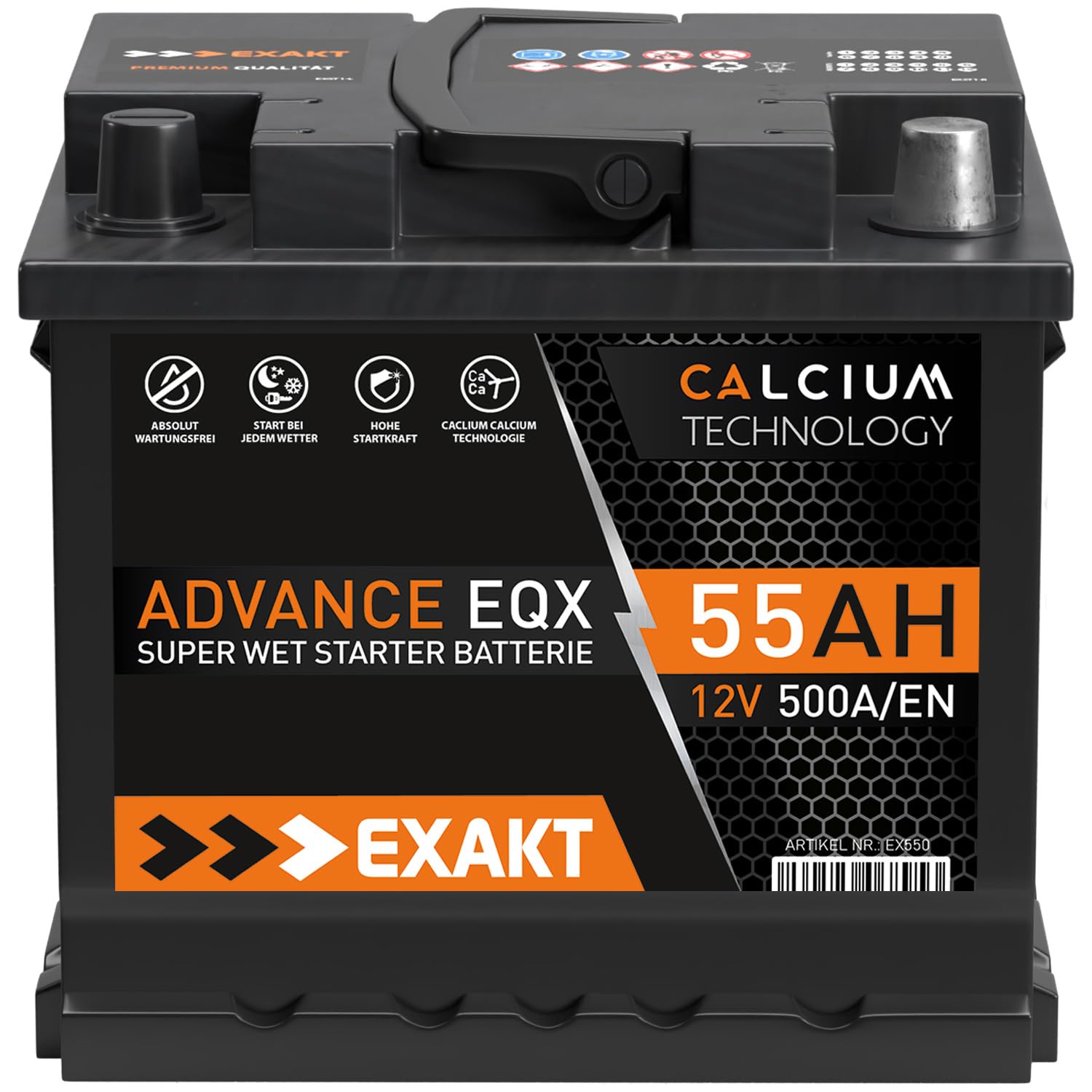 EXAKT Autobatterie 12V 55Ah Starterbatterie Auto Batterie ersetzt 54Ah